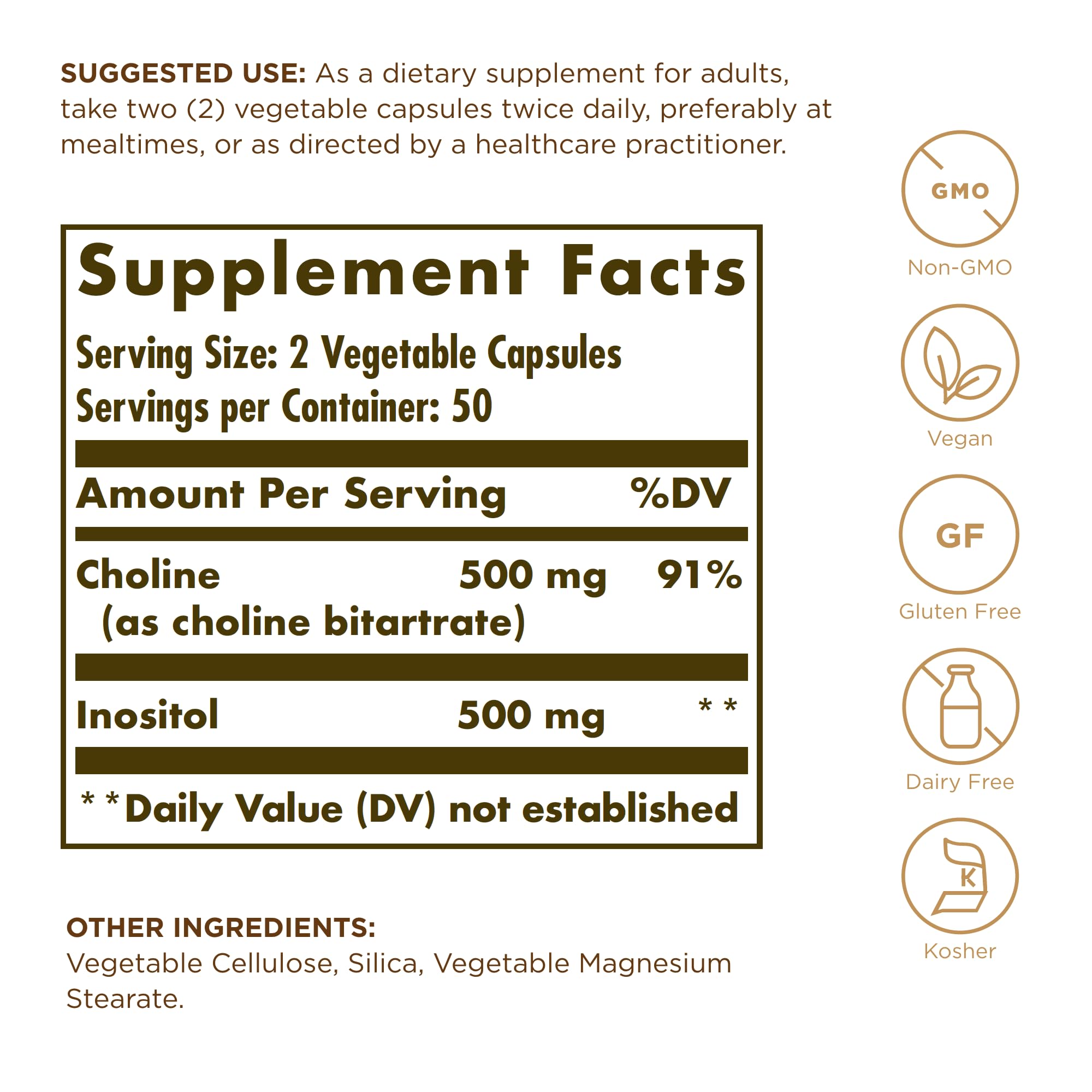 Capsules Solgar Choline/Inositol 100 Vcaps, faciles à prendre au quotidien.