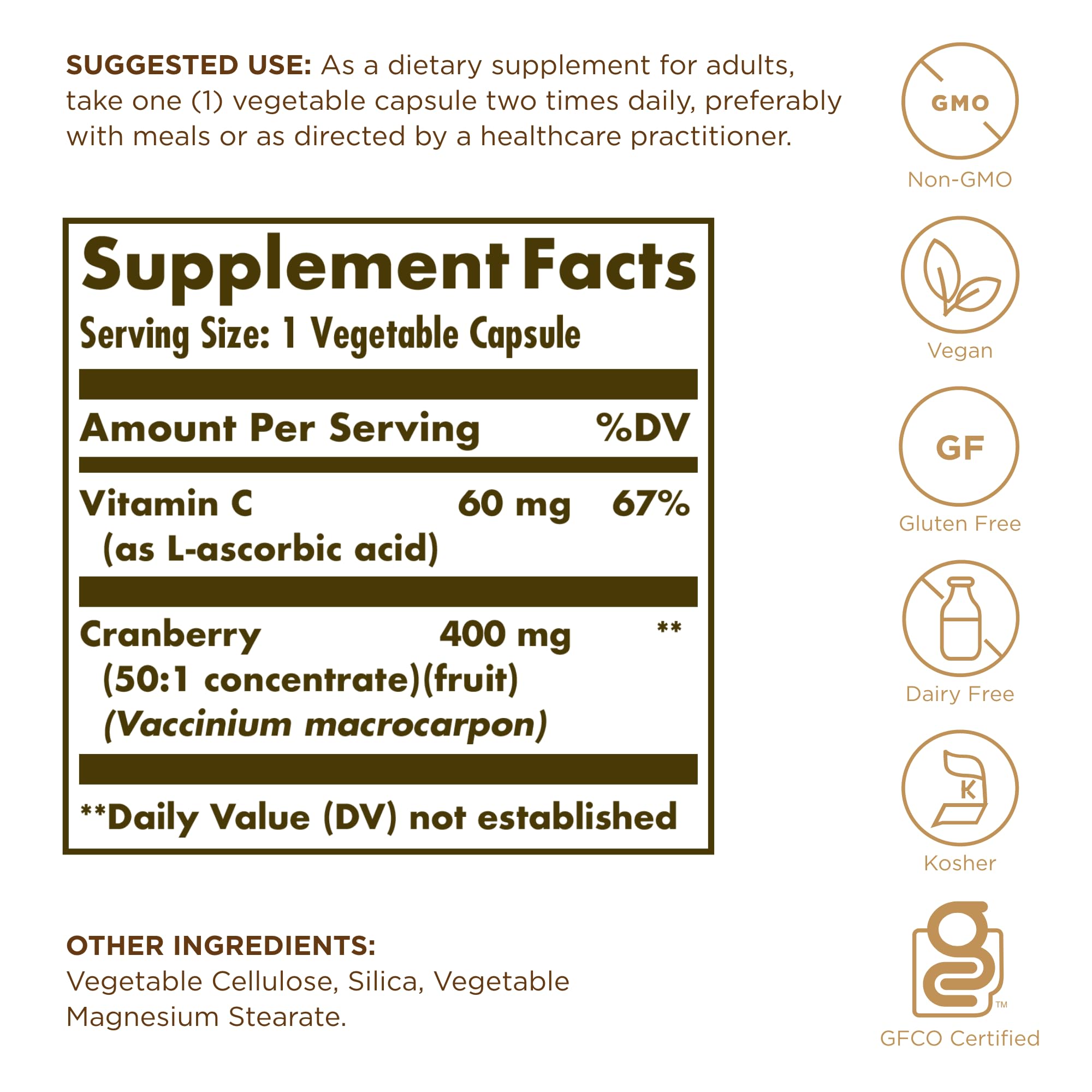 Capsules véganes Solgar Cranberry, concentré de fruits, origine naturelle.