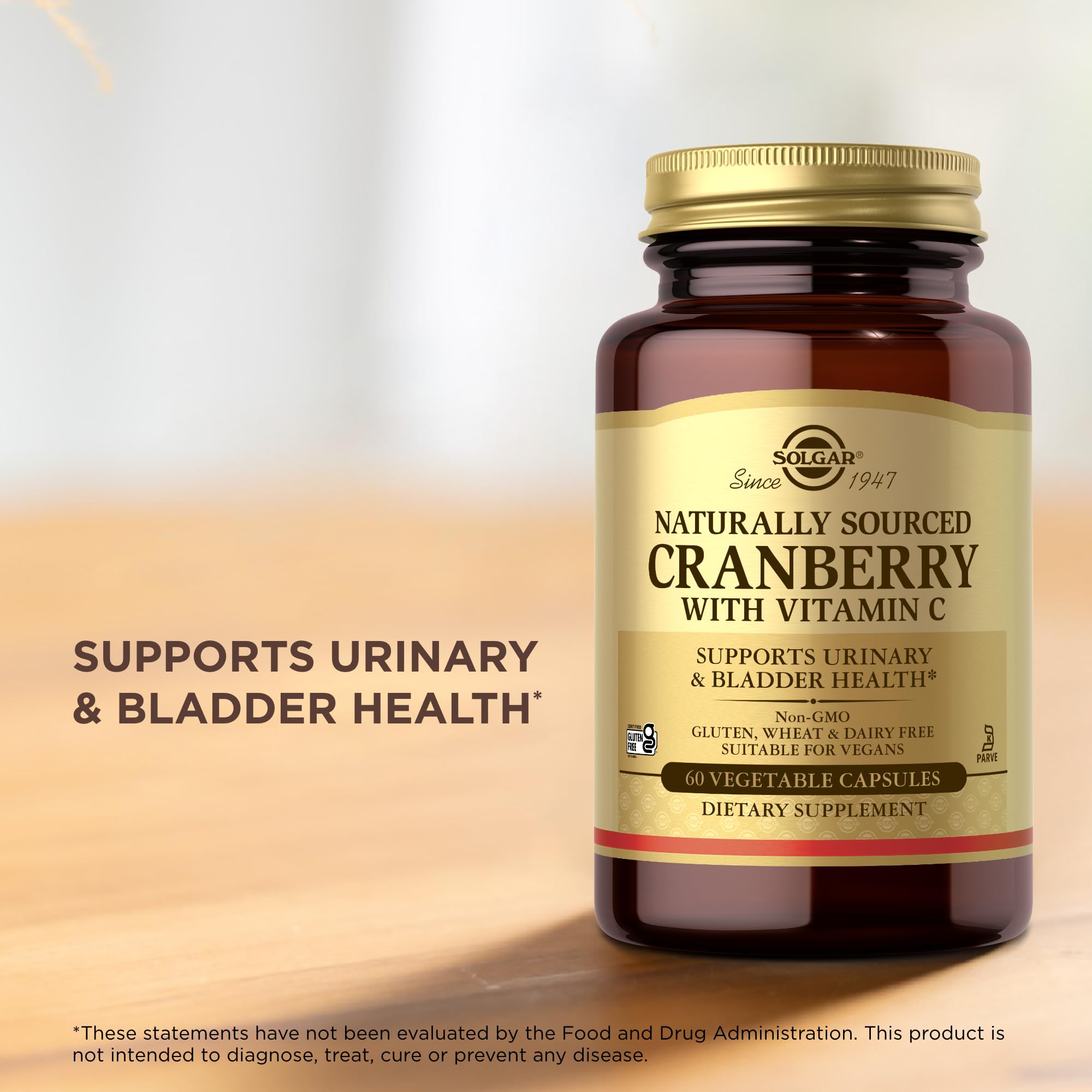 Capsules Cranberry Solgar, sans additifs artificiels et sans OGM.