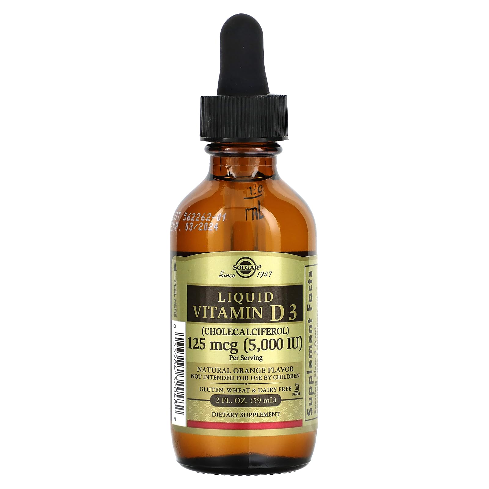 Solgar D3 liquide au goût orange, flacon 2 oz, pratique pour une prise quotidienne.