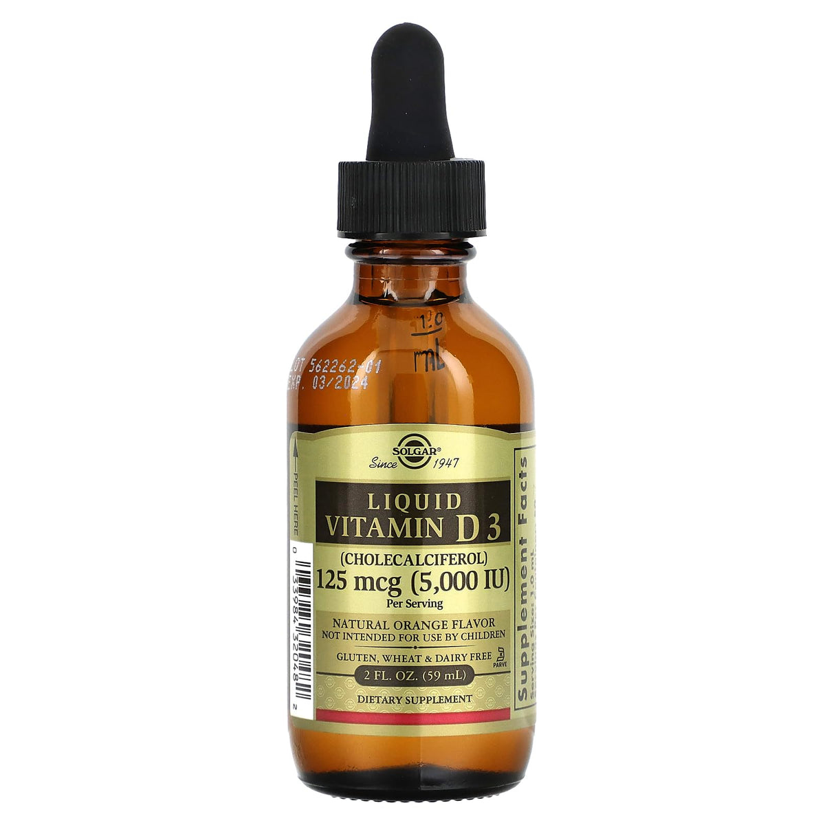 Solgar D3 liquide au goût orange, flacon 2 oz, pratique pour une prise quotidienne.