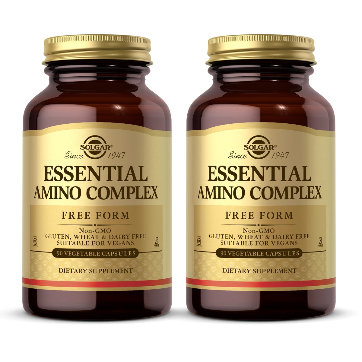 Solgar Essential Amino Complex, bouteille, acides aminés en forme libre pour absorption efficace.