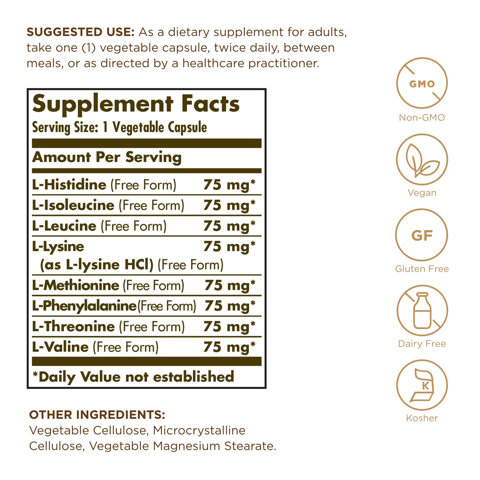 Solgar Essential Amino Complex, capsules végétales, formule vegan sans allergènes.