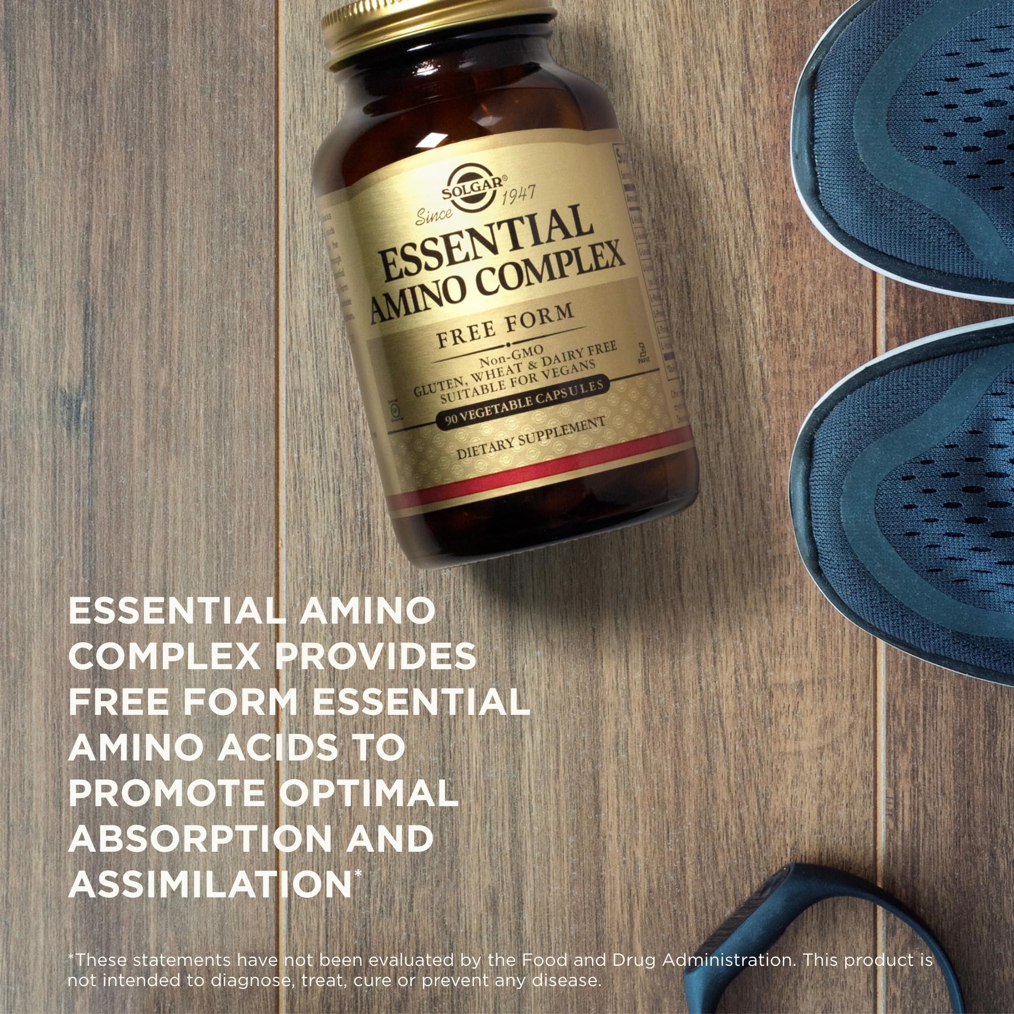 Solgar Essential Amino Complex, sans gluten et sans lactose, adapté à certains régimes.
