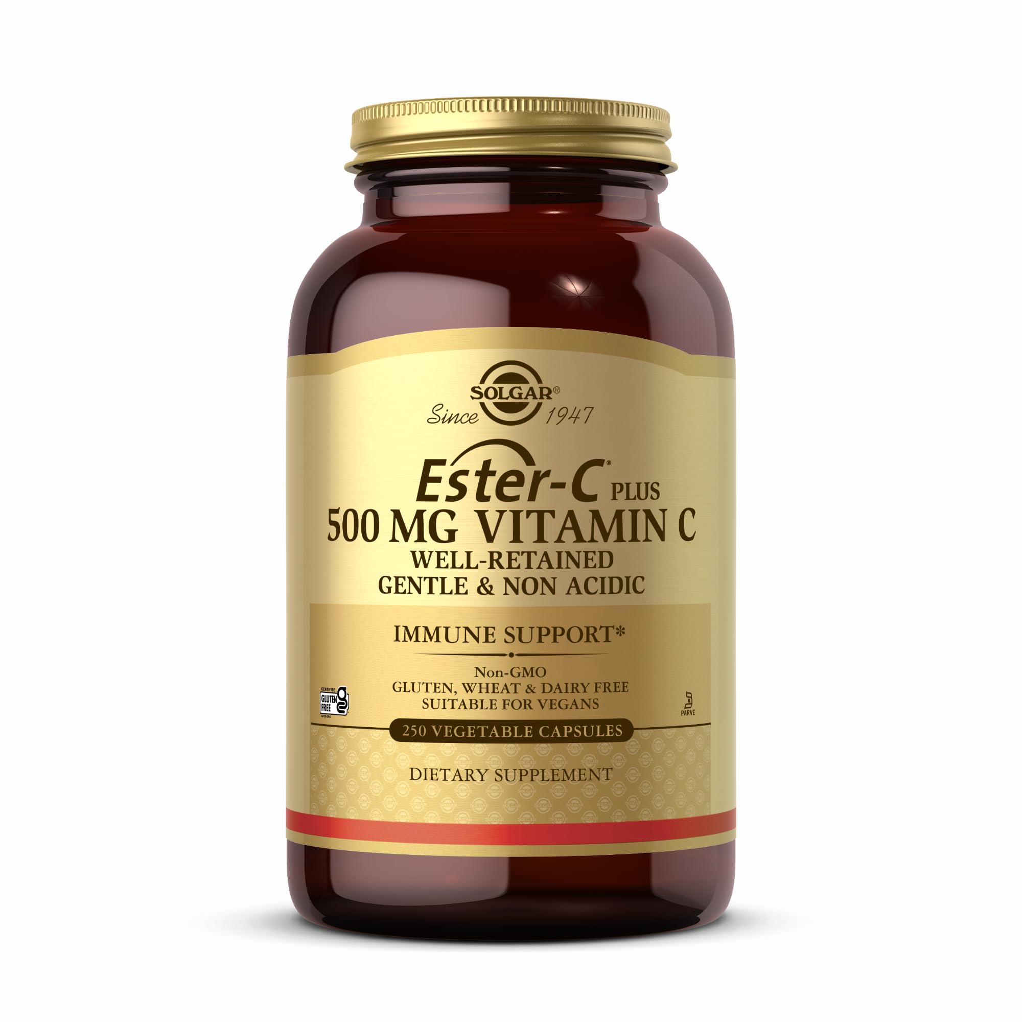 Solgar Ester-C Plus 500 mg : bouteille de capsules végétales, pratique au quotidien.