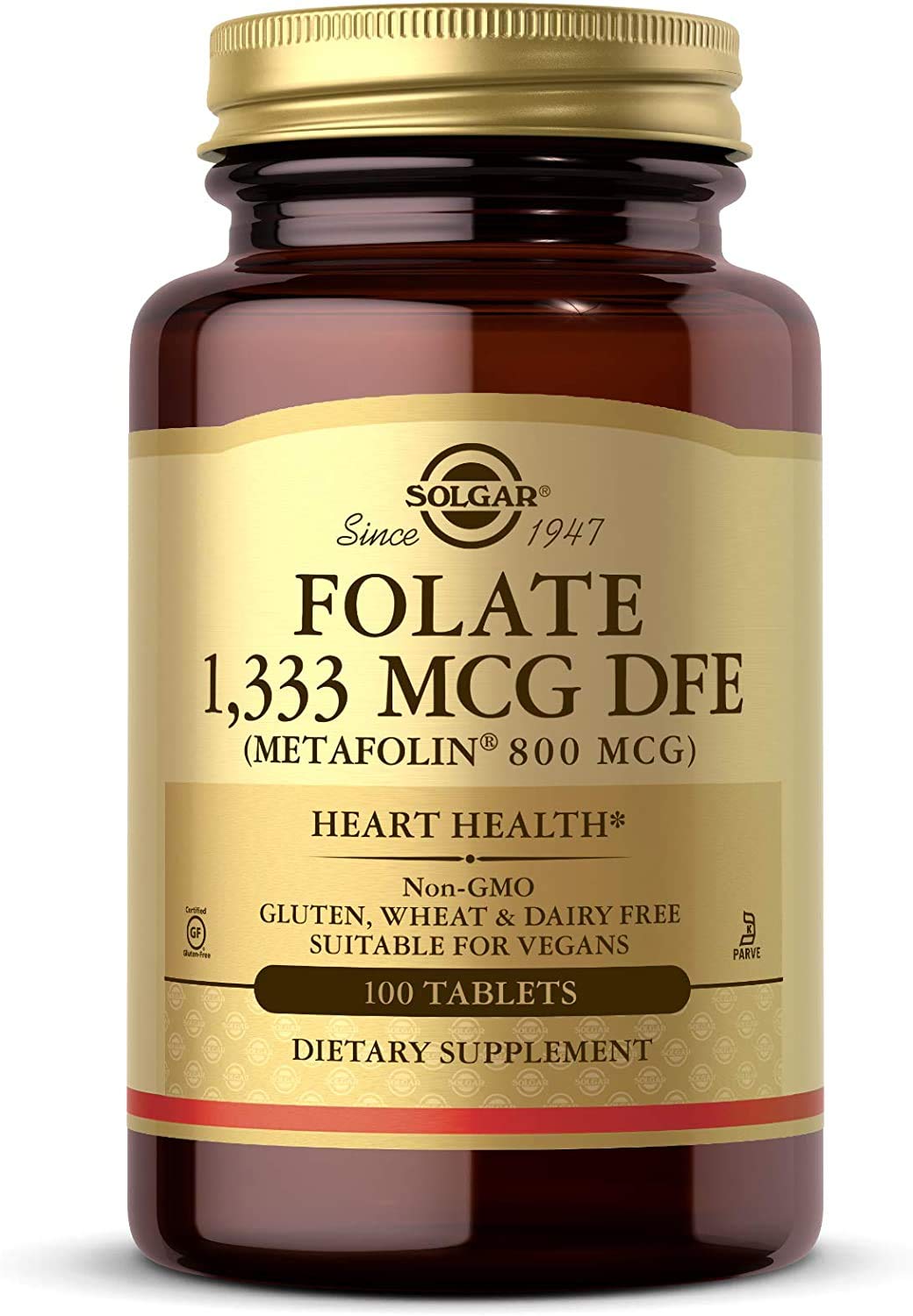 Solgar Folate en bouteille 100 comprimés, soutien potentiel du métabolisme et du système nerveux