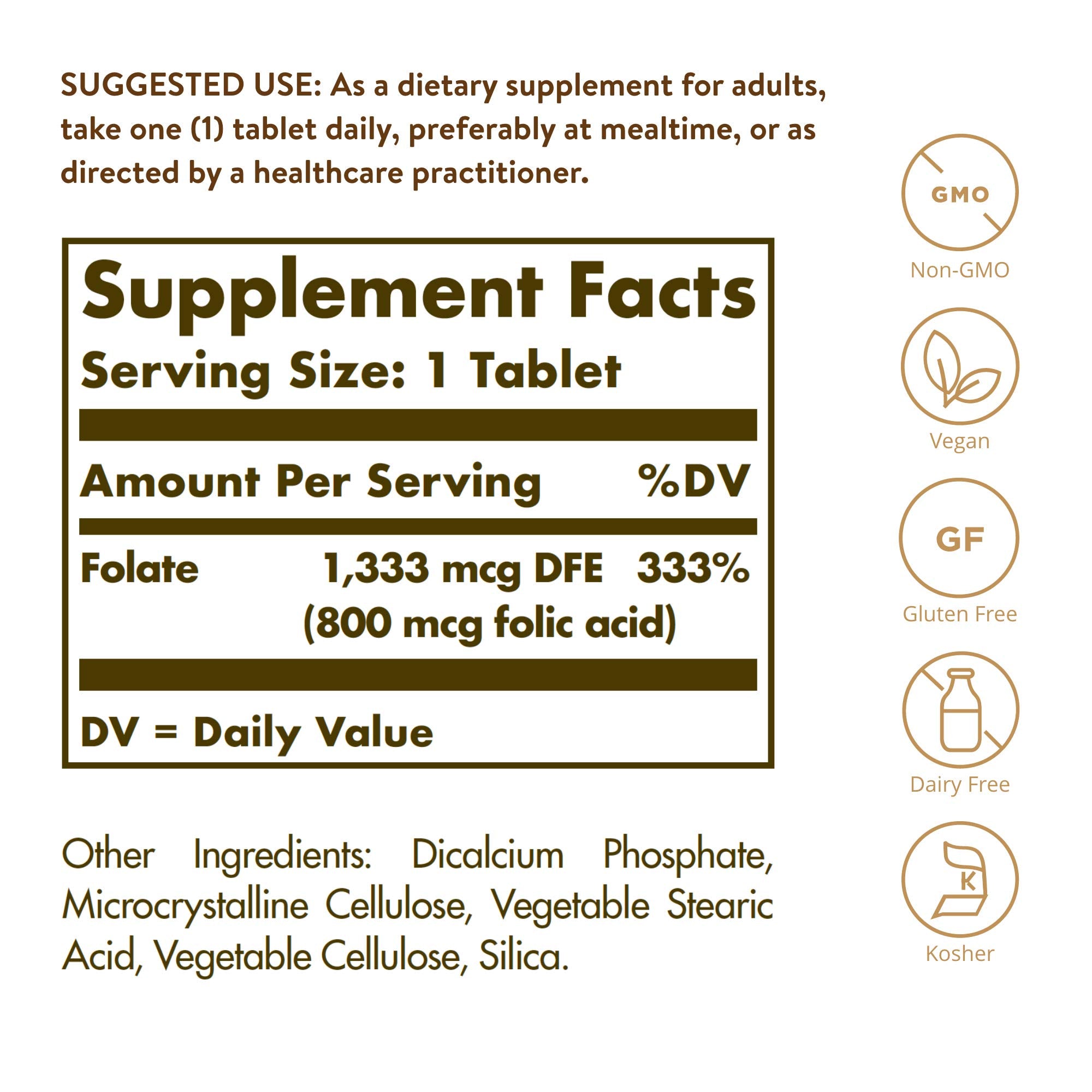 Étiquette Solgar Folate montrant Metafolin, forme active pour le cœur