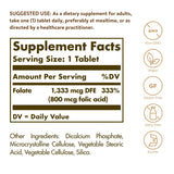 Étiquette Solgar Folate montrant Metafolin, forme active pour le cœur