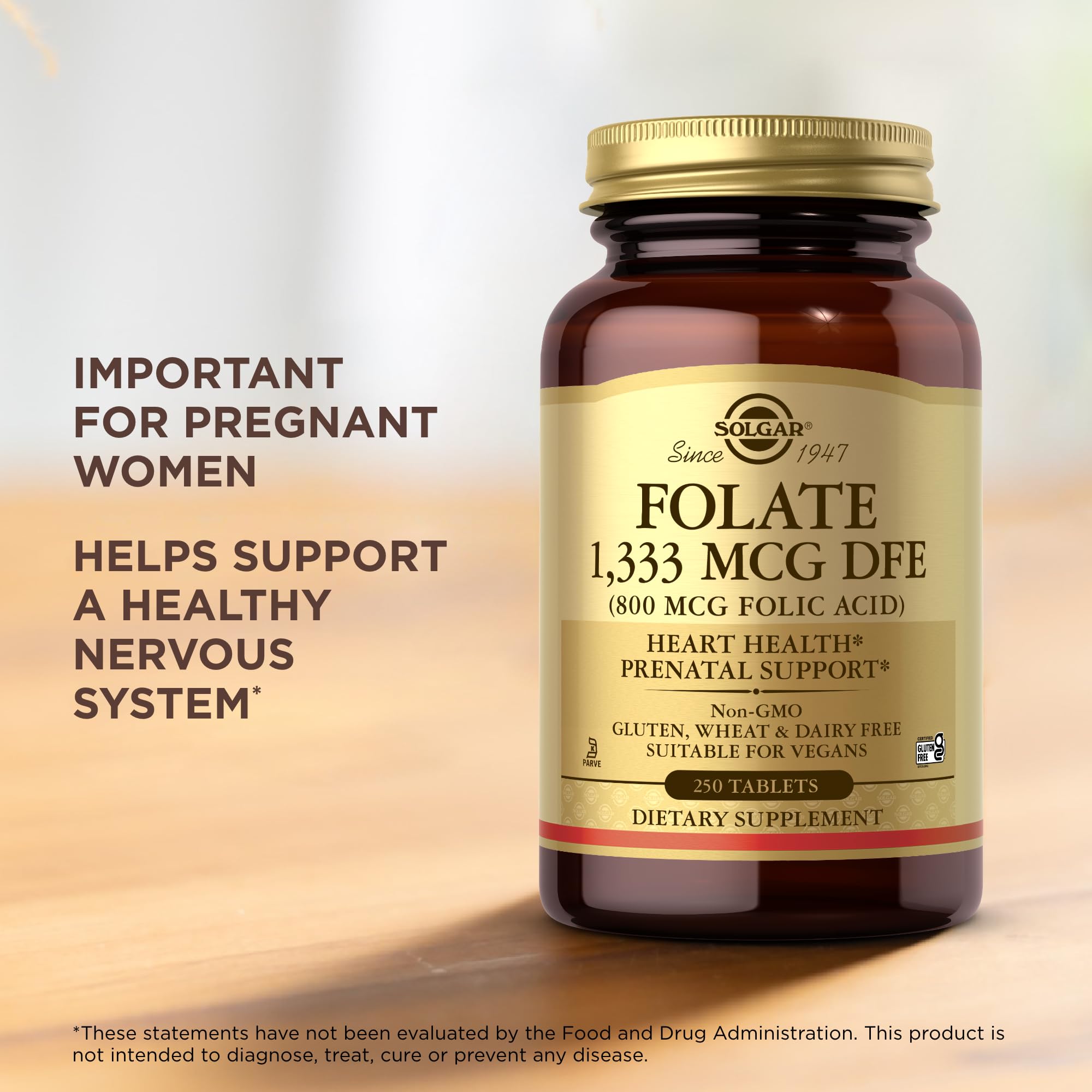 Solgar Folate – étiquette claire et produit conforme à vos préférences alimentaires.