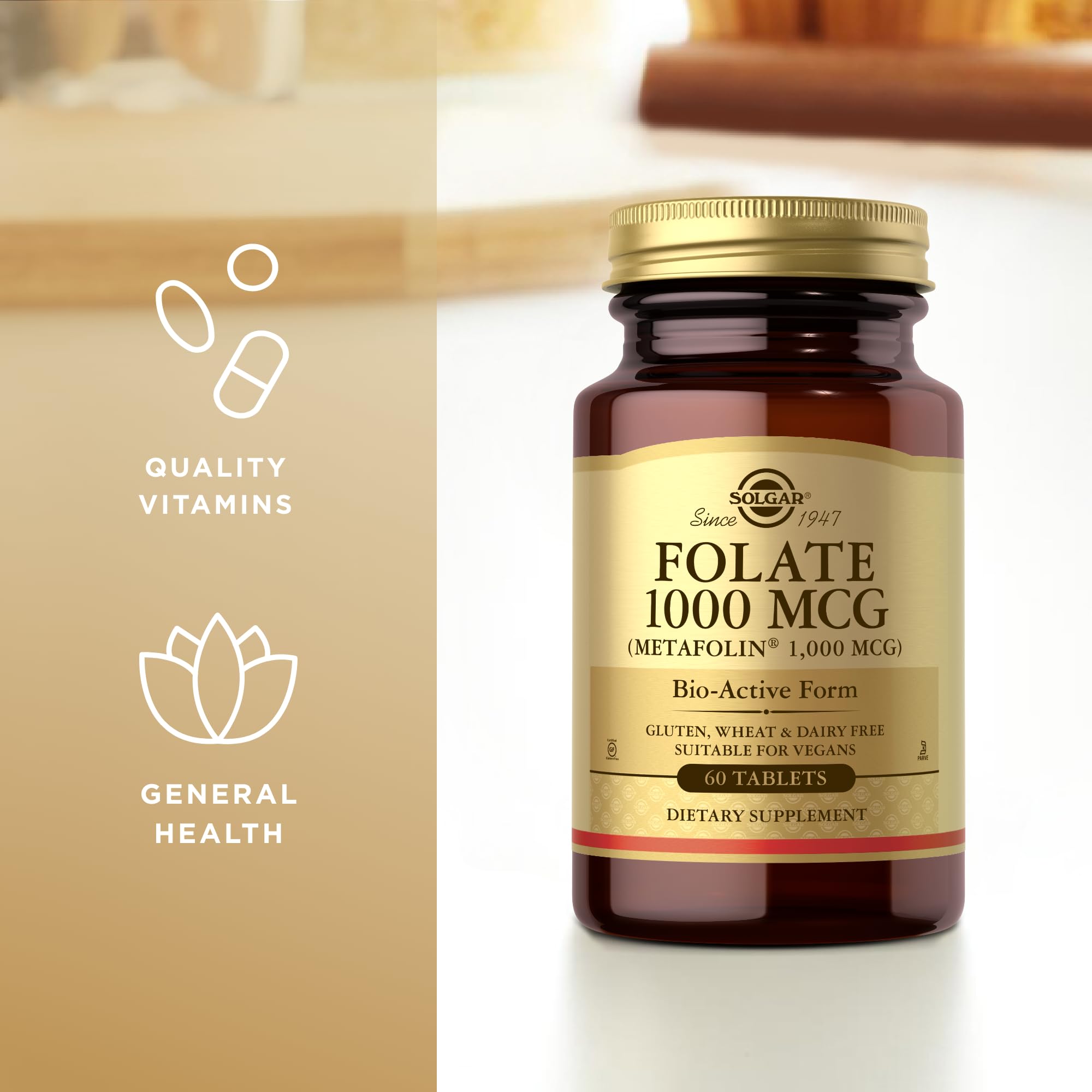 Solgar Folate Metafolin – capsules, formulation vegan et sans allergènes majeurs.