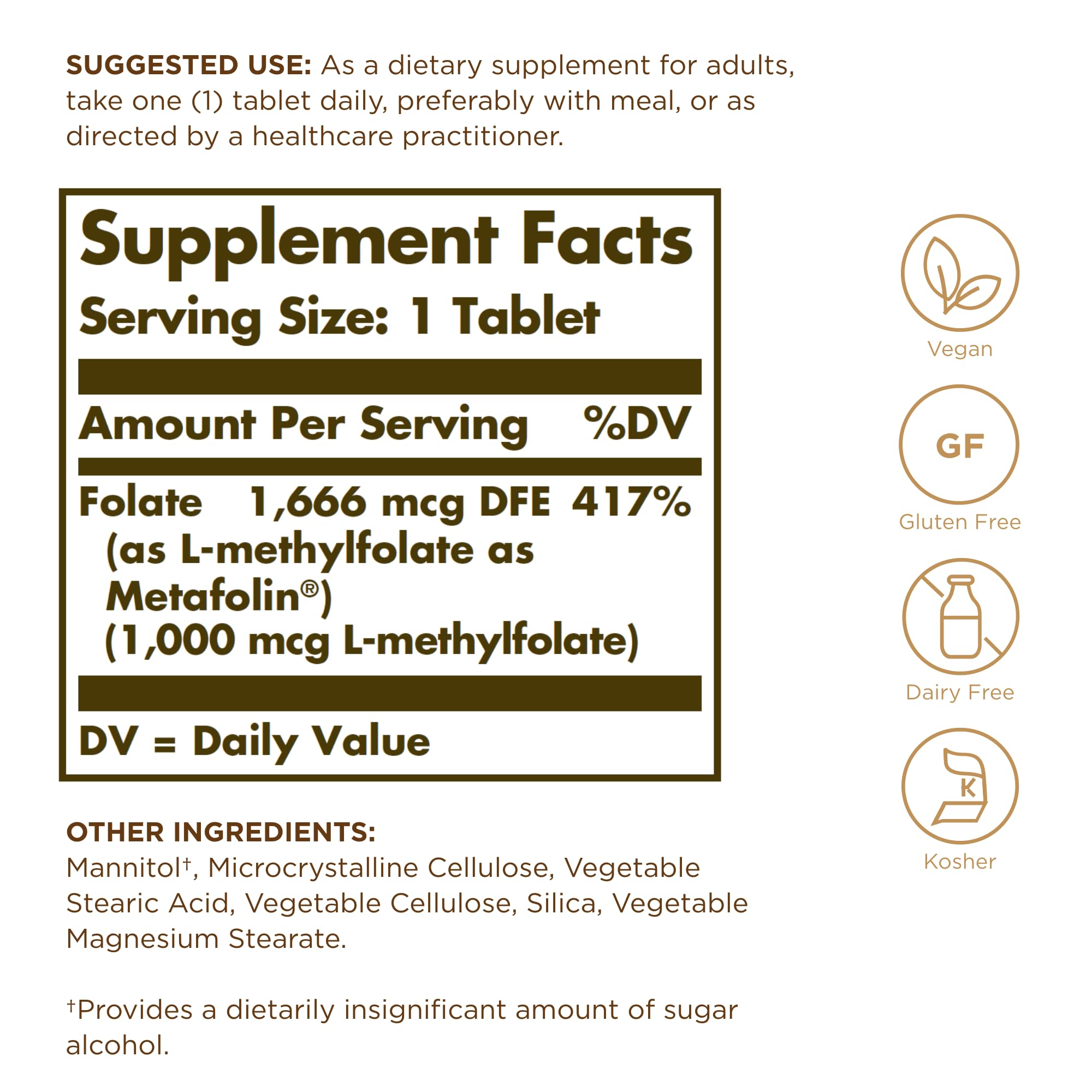 Solgar Folate Metafolin – etiquette, garantie de qualité.