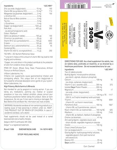 Étiquette Solgar VM-2000 affichant la composition et le zinc.