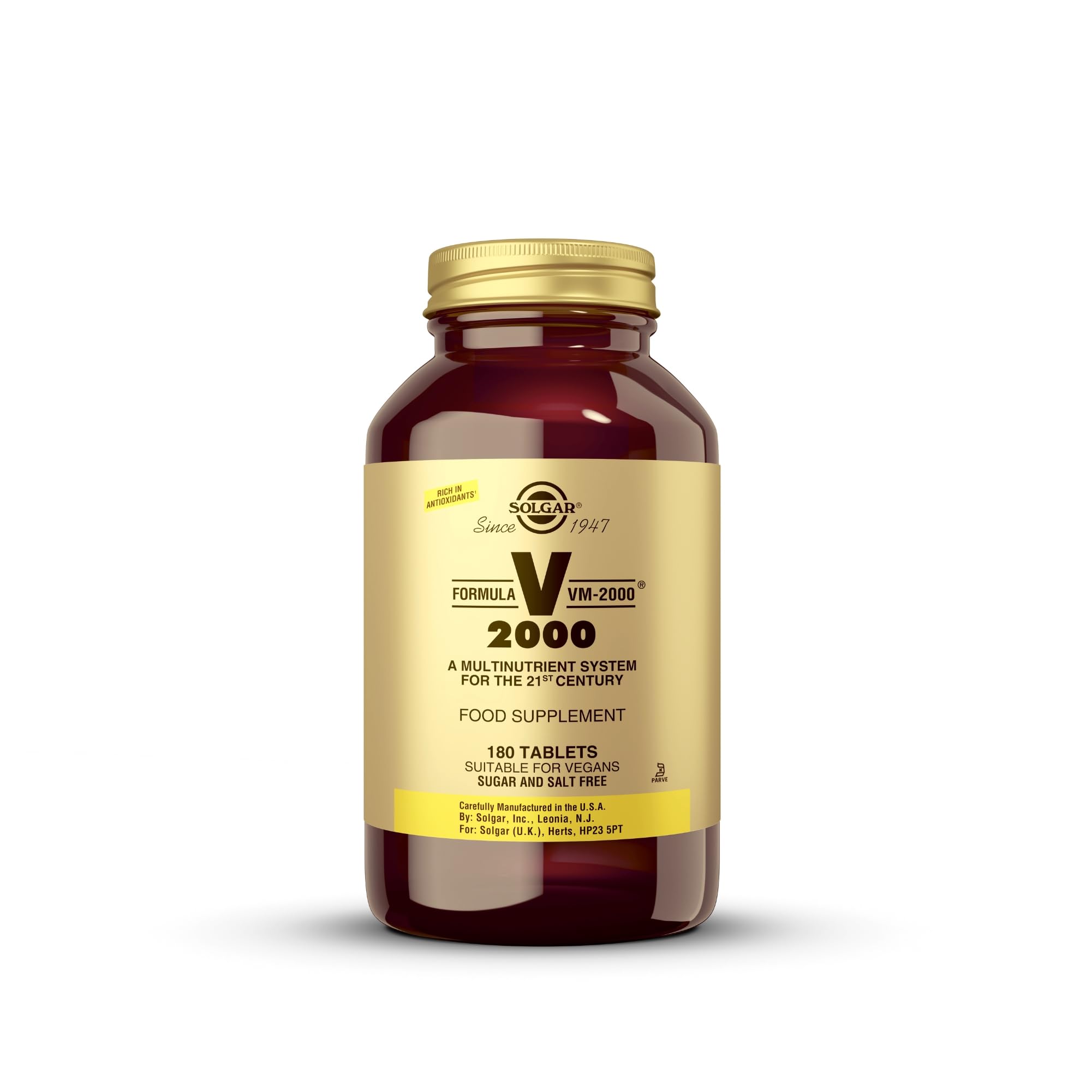 Flacon Solgar VM-2000 avec comprimés, apport quotidien en vitamines et minéraux.