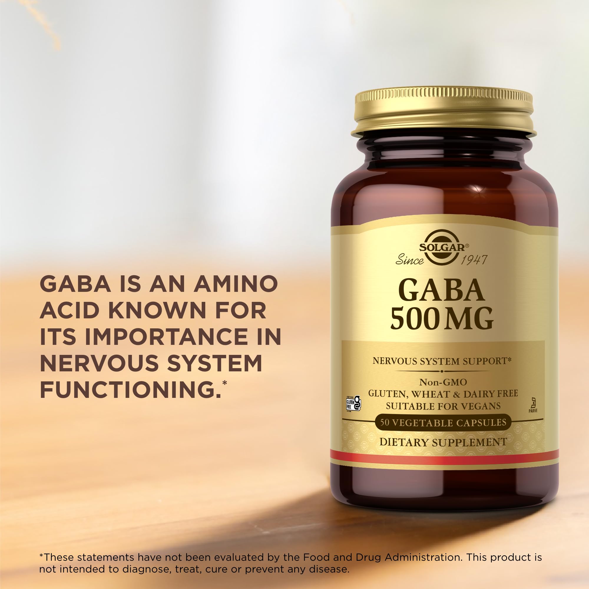 Solgar GABA 500 mg – usage quotidien sans allergènes, conforme à vos préférences.