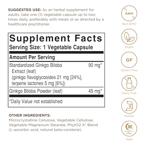 Solgar Ginkgo Biloba capsules végétales en gros plan, faciles à intégrer au quotidien.