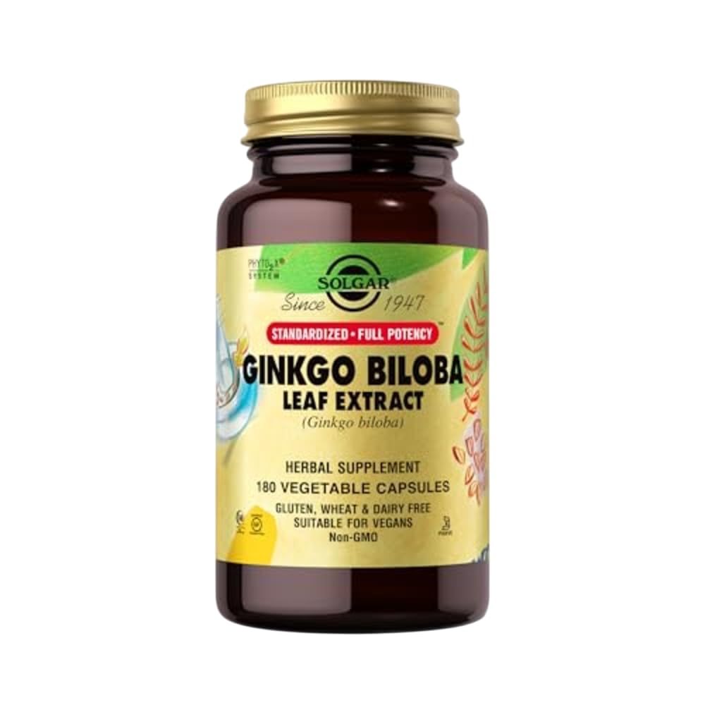 Solgar Ginko Biloba extrait feuille dans la bouteille, stabilité phyto pour l'utilisation quotidienne.