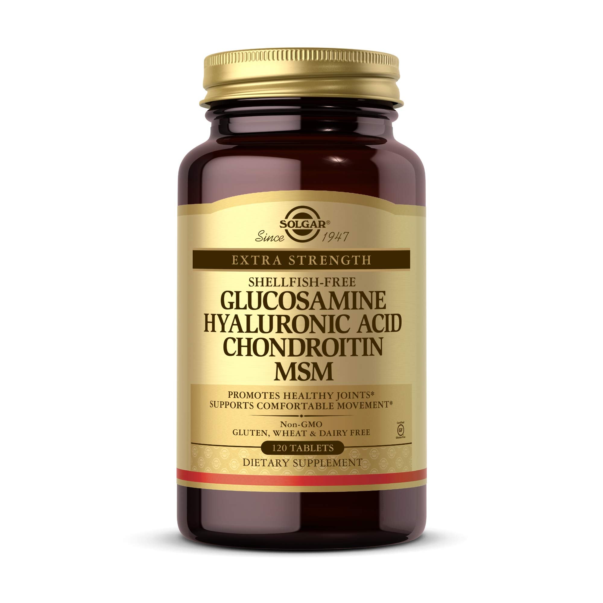 Solgar Glucosamine Acide Hyaluronique Chondroïtine MSM, emballage des comprimés, soutien potentiel à la mobilité.