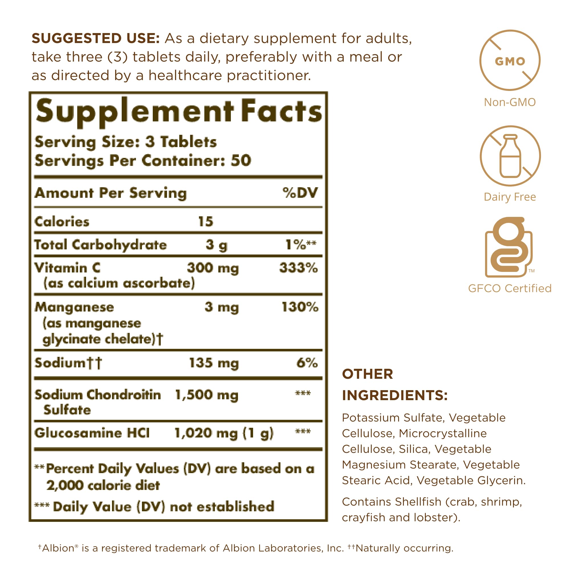 Solgar Glucosamine Chondroitine, bouteille, dosage pratique pour une routine quotidienne.