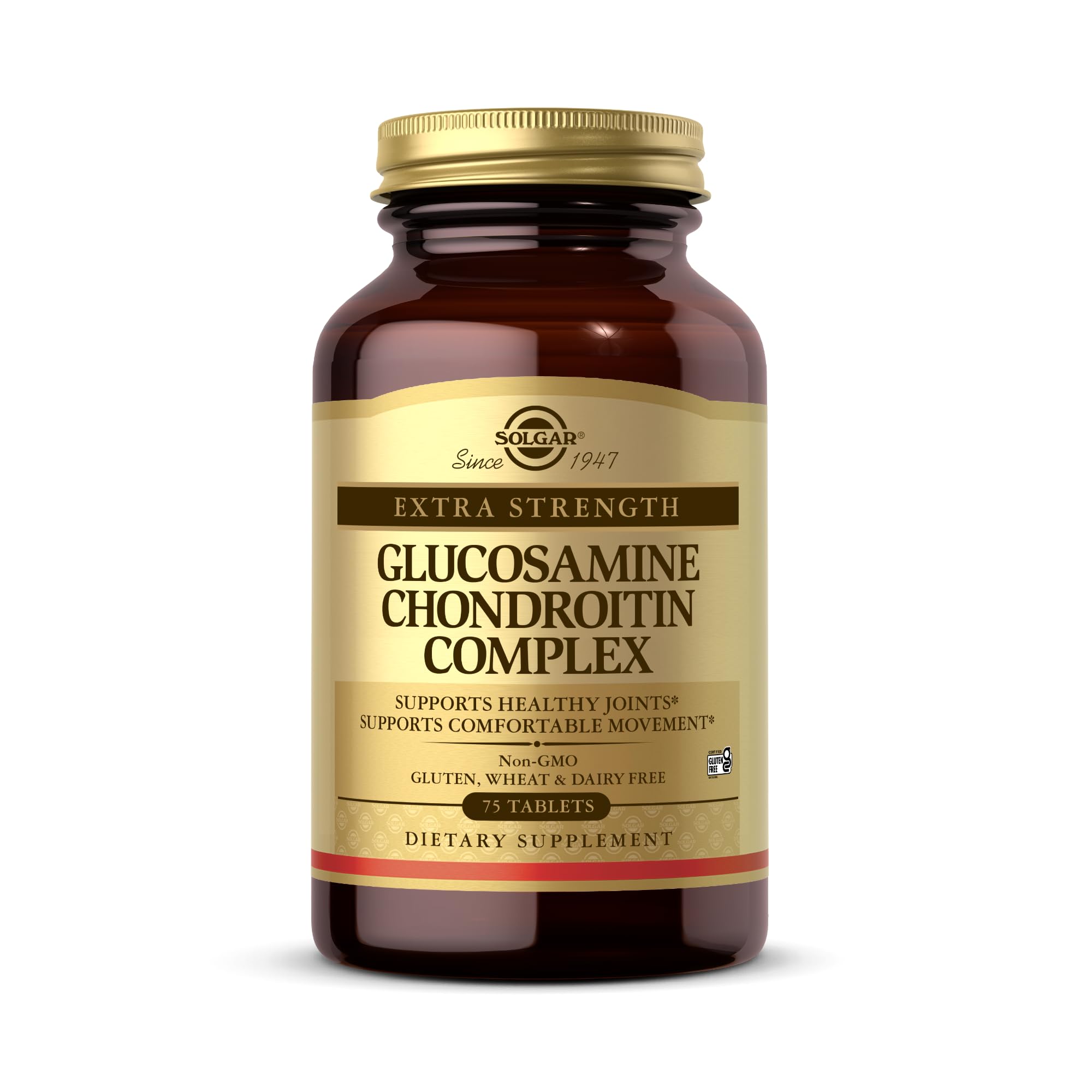Solgar Glucosamine-Chondroïtine Complexe, bouteille et comprimés, soutiennent potentiellement les articulations.