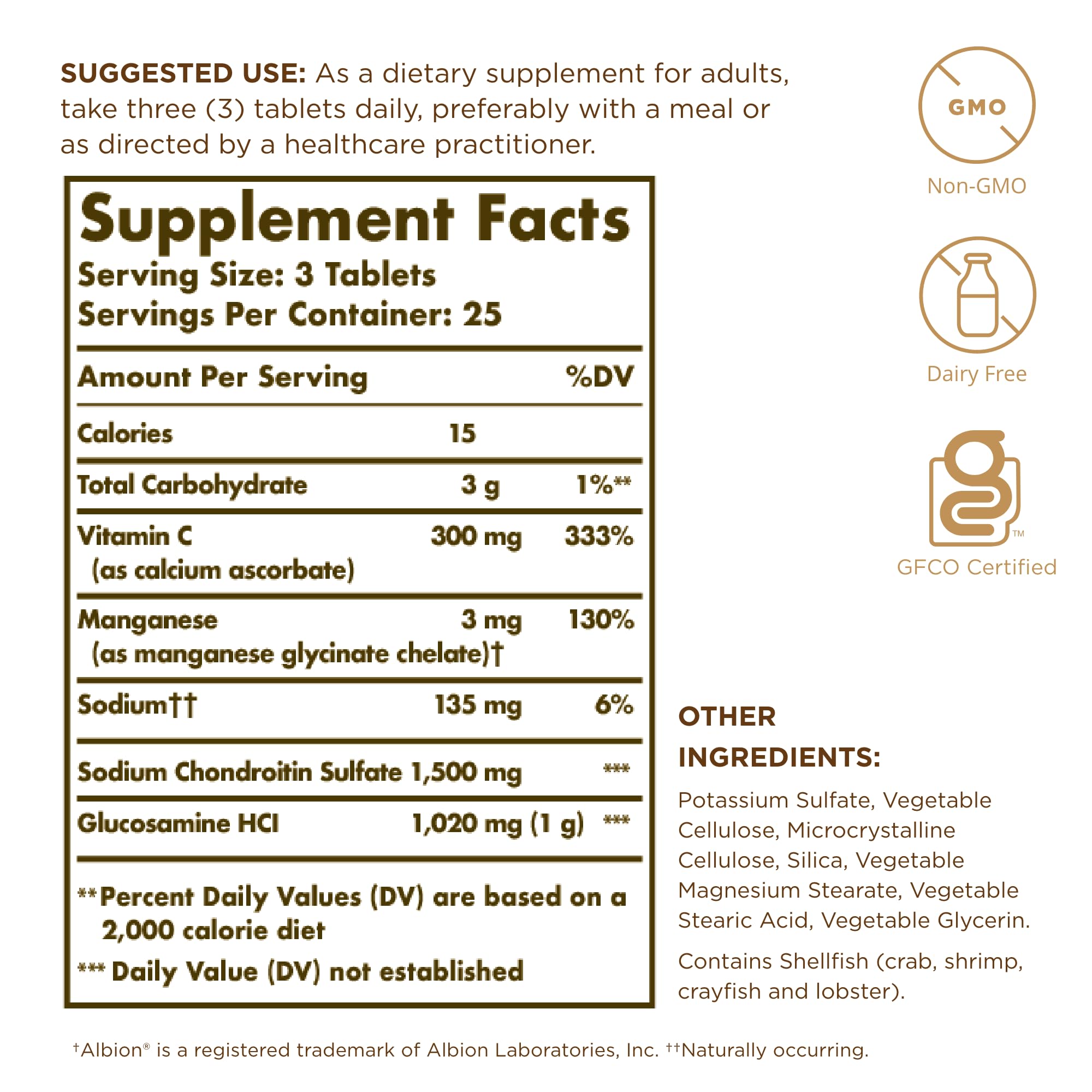 Solgar Glucosamine-Chondroïtine Complexe, comprimés sur table, faciles à intégrer dans la routine.