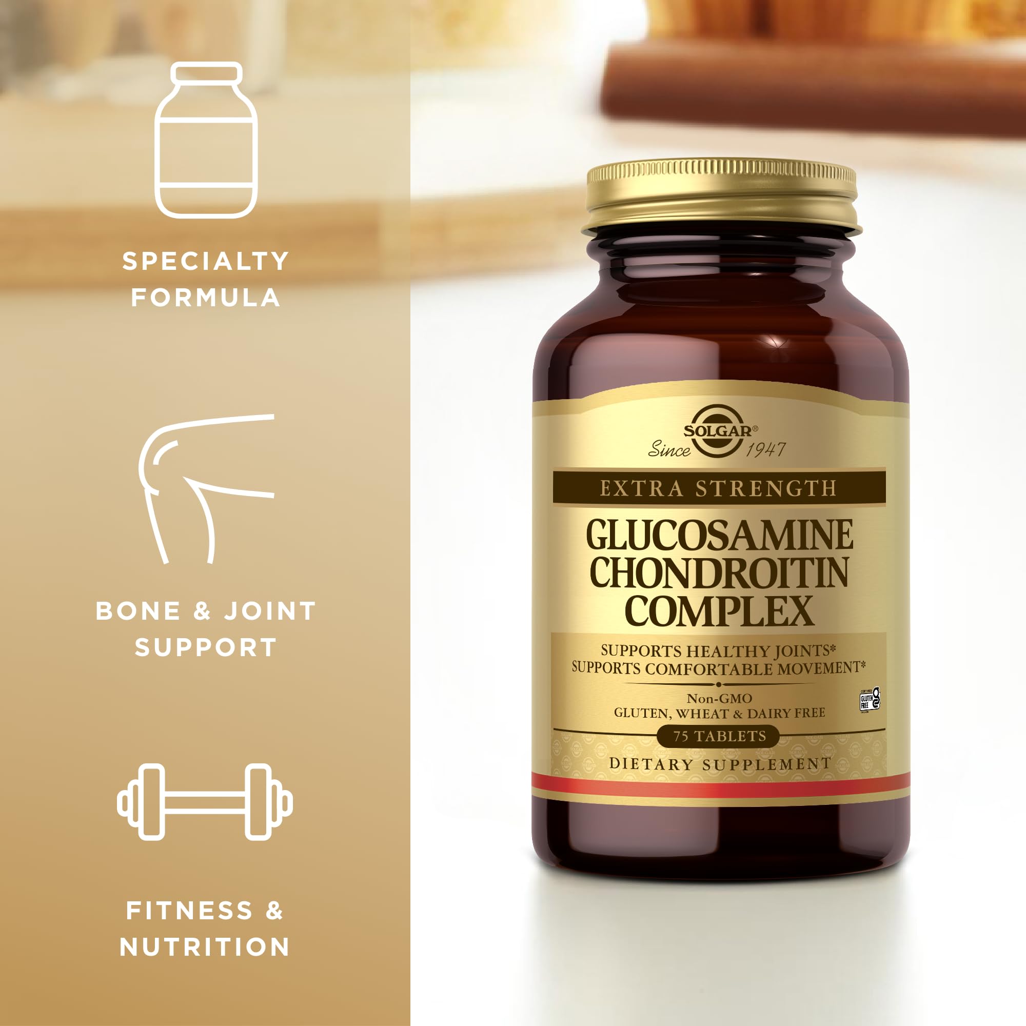 Emballage Solgar Glucosamine-Chondroïtine Complexe, emballage fermé et prêt à l’emploi.
