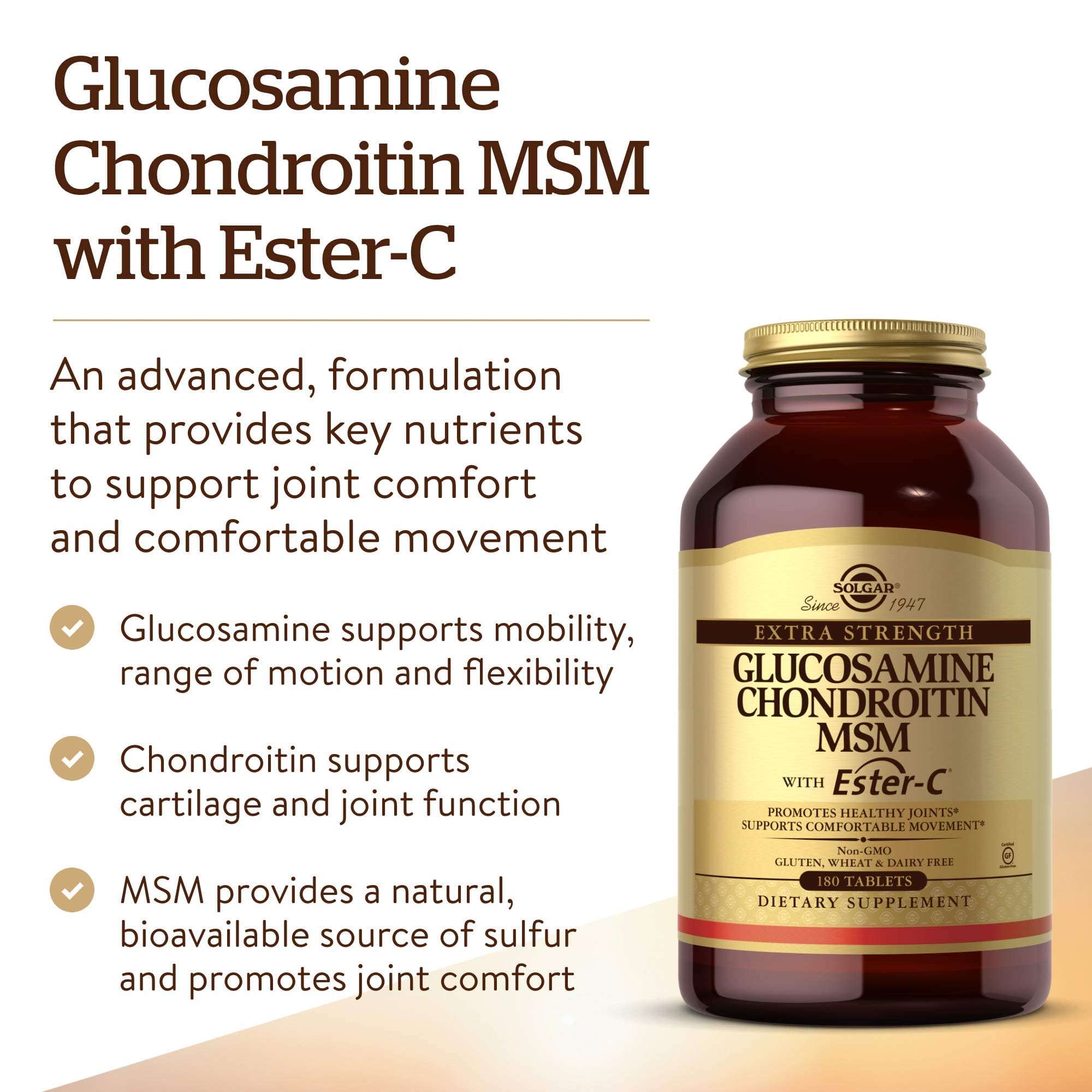 Solgar Glucosamine Chondroïtine MSM Ester-C — étiquette indiquant sans gluten et sans produits laitiers