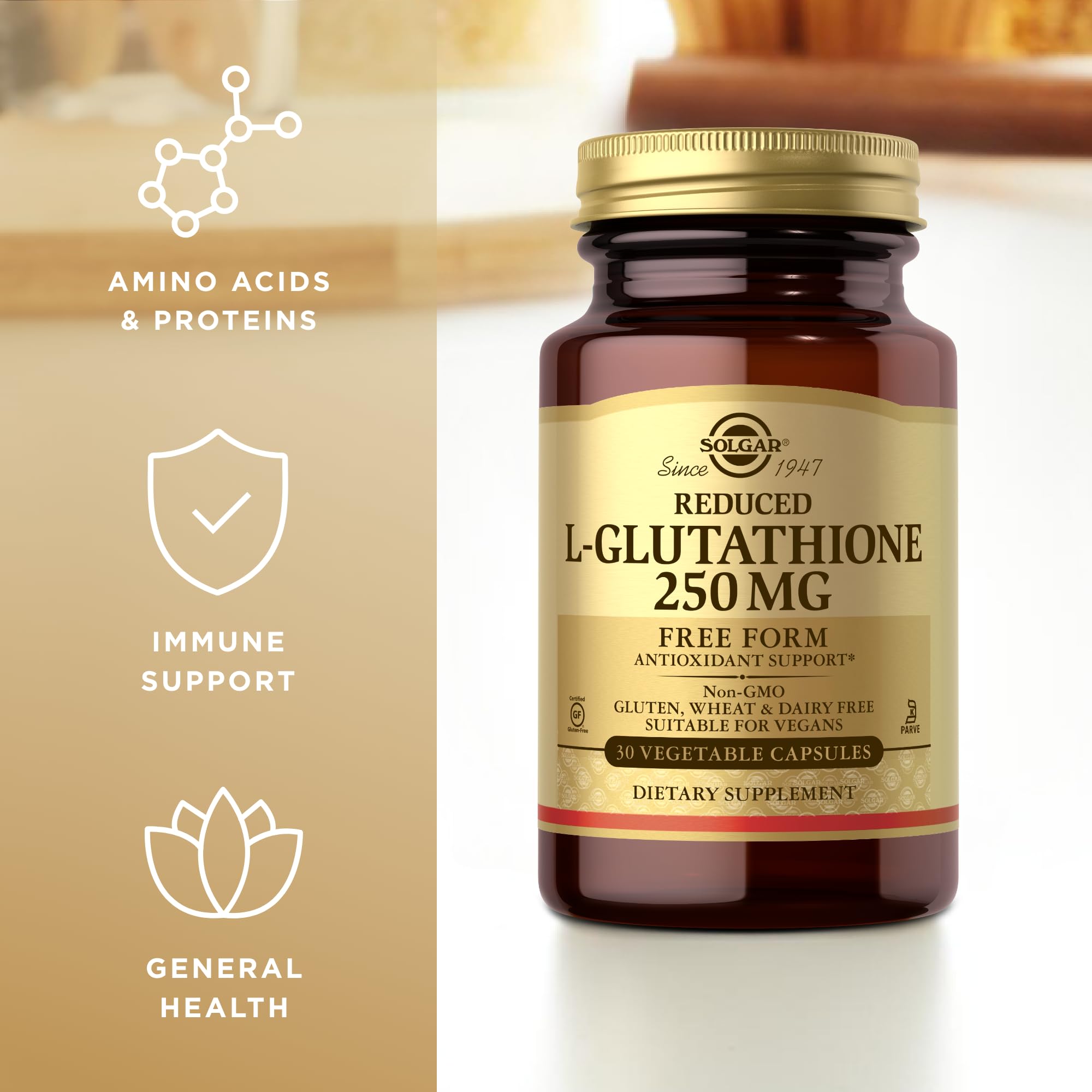Solgar Glutathion réduit 250 mg, bouchon-dose, utilisation journalière simplifiée.