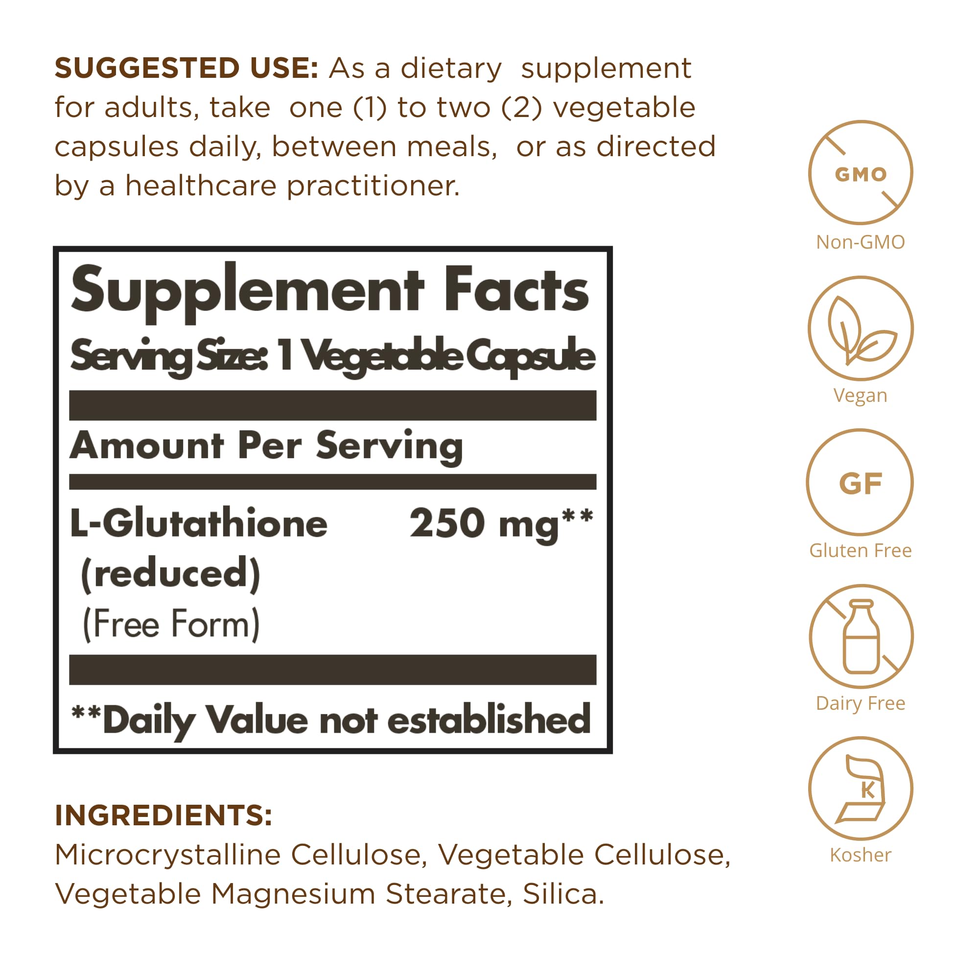 Solgar Glutathion réduit 250 mg, etiquette-bouteille, informations claires sur les ingrédients.