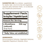 Solgar Glutathion réduit 250 mg, etiquette-bouteille, informations claires sur les ingrédients.