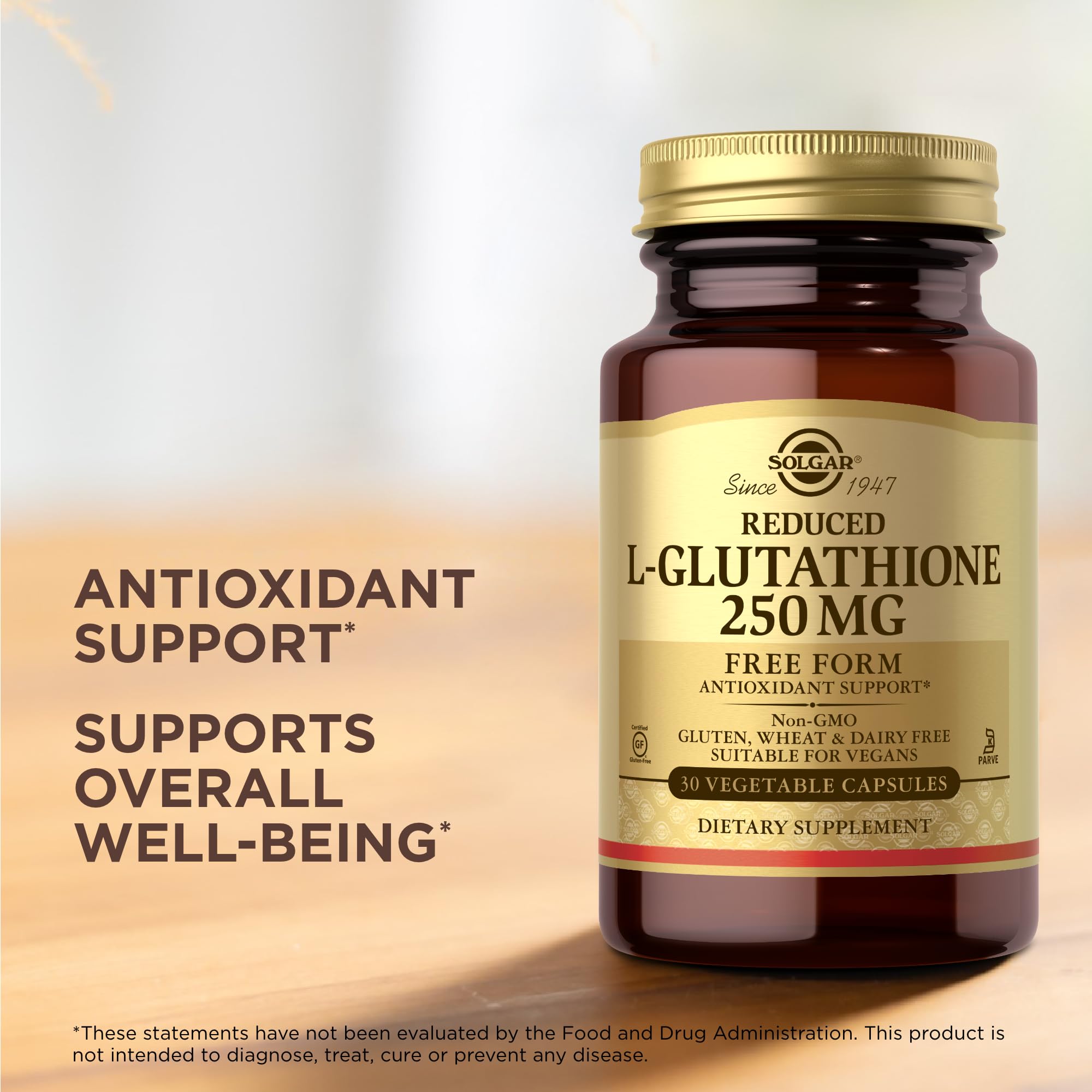 Solgar Glutathion réduit 250 mg, etiquette-ingredients, détail clair sur le produit.