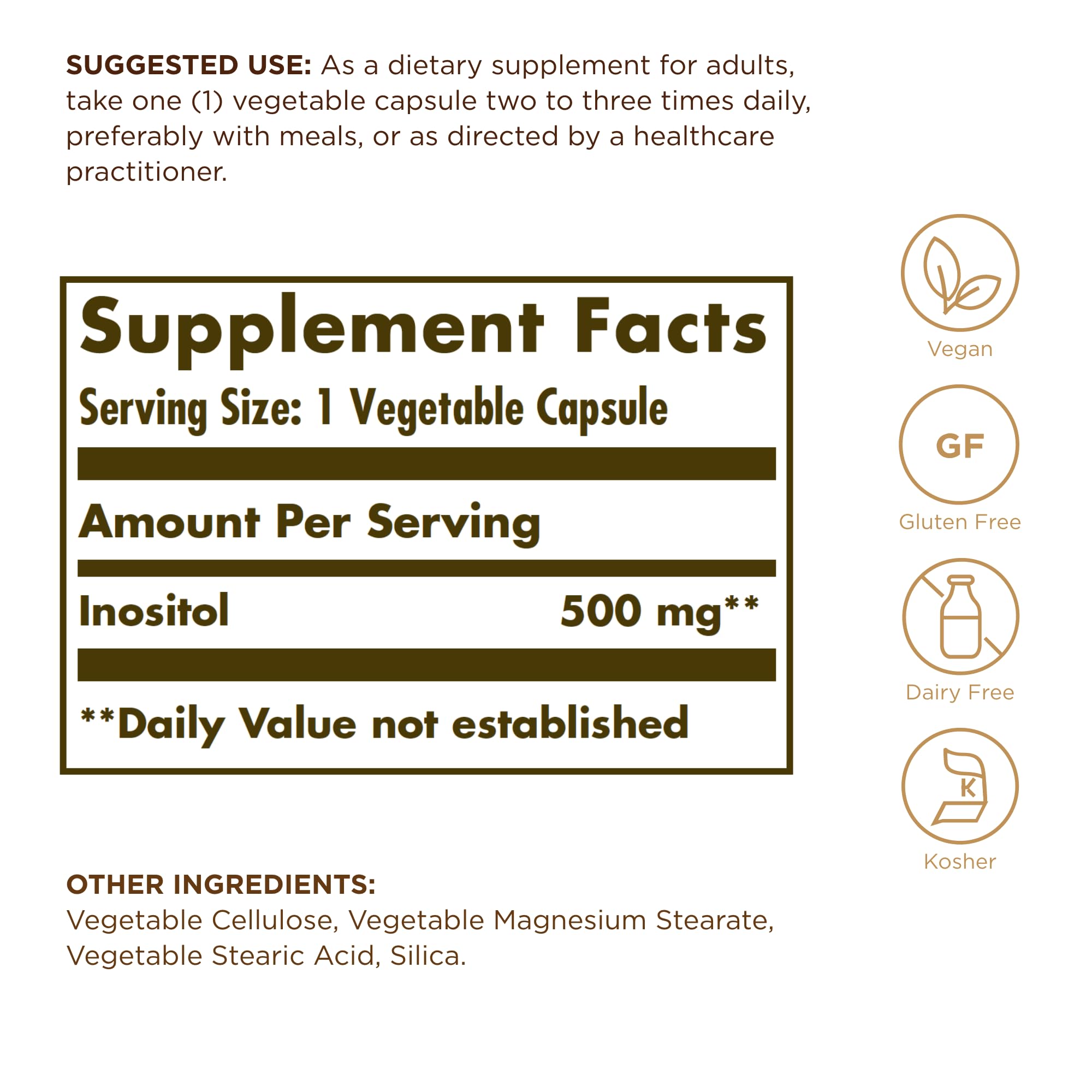 Solgar Inositol 500 mg, emballage étiqueté vegan et sans gluten.