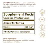 Solgar Inositol 500 mg, emballage étiqueté vegan et sans gluten.
