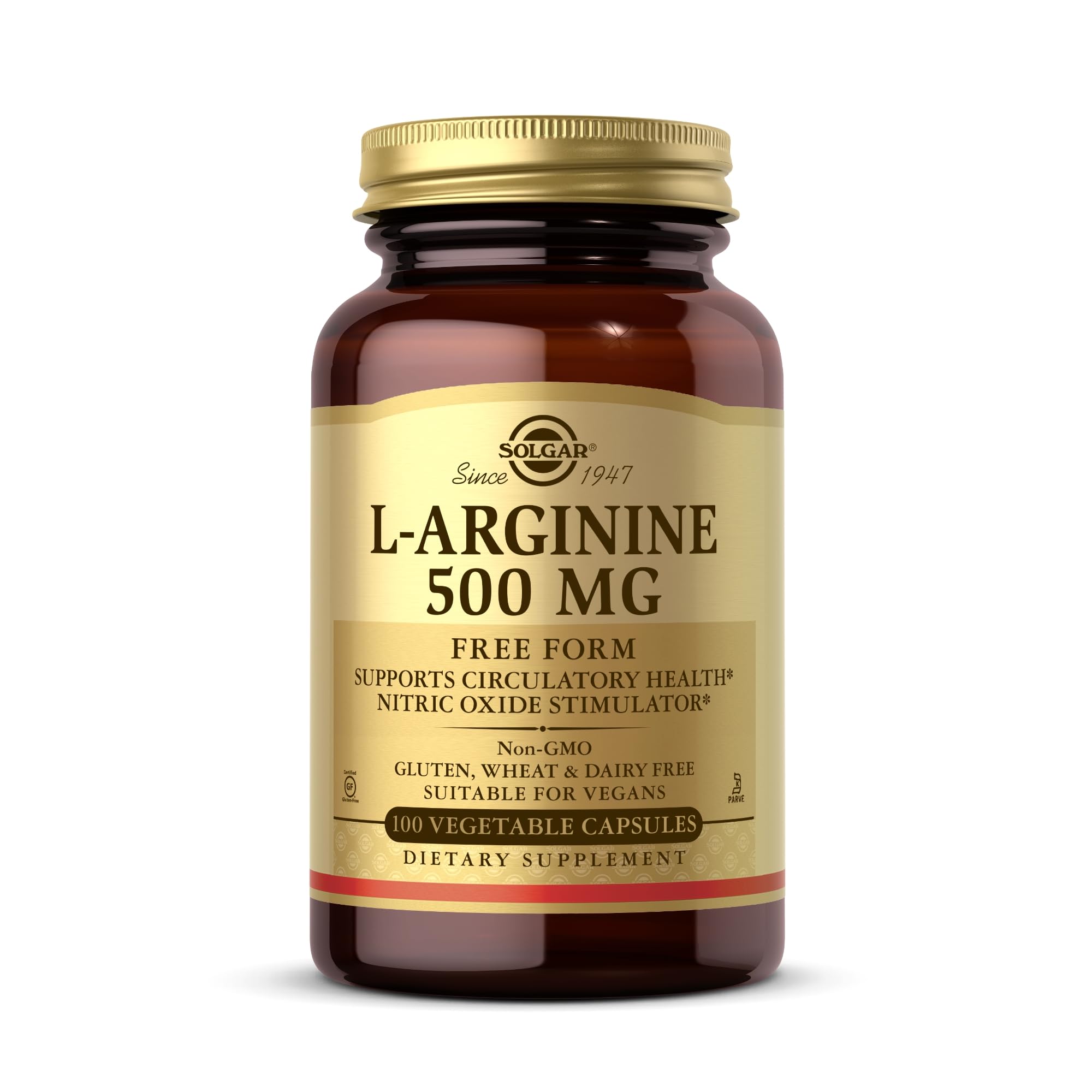 Solgar L-Arginine 500 mg, capsules végétales, soutien potentiel énergie et vitalité.