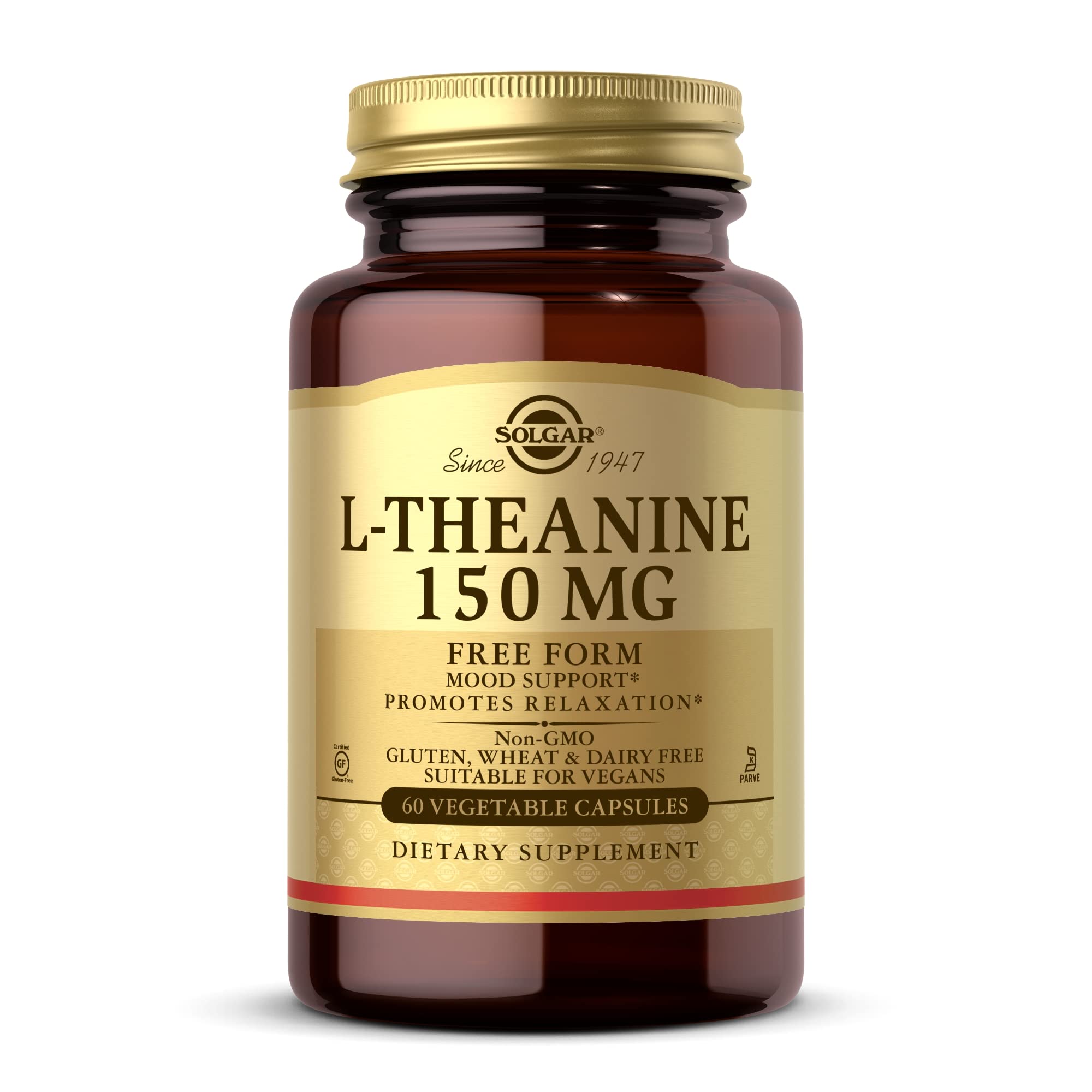 Solgar L-Theanine 150 mg, bouteille, favorise une relaxation potentielle.