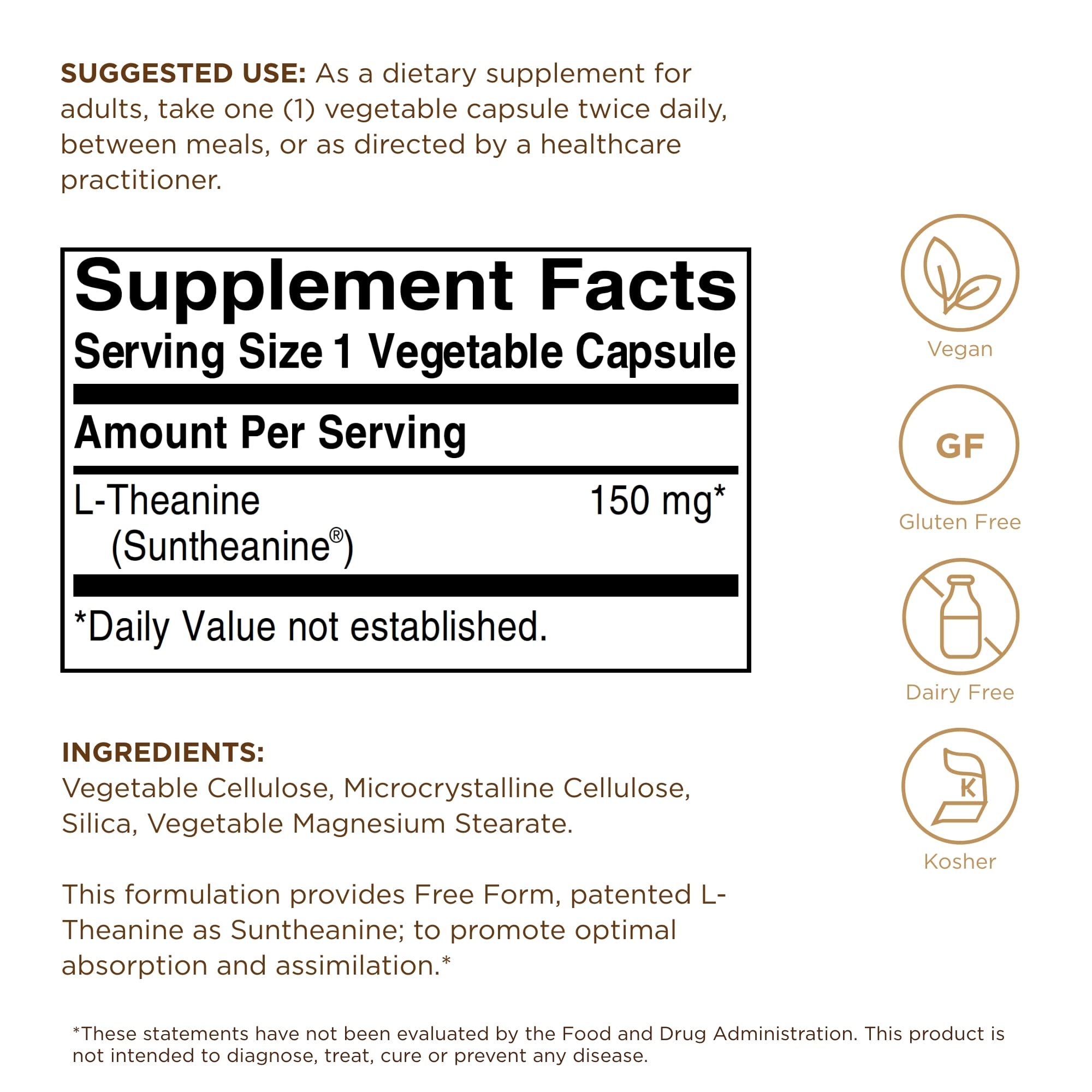Capsules végétales Solgar L-Theanine, faciles à avaler, soutiennent le calme.