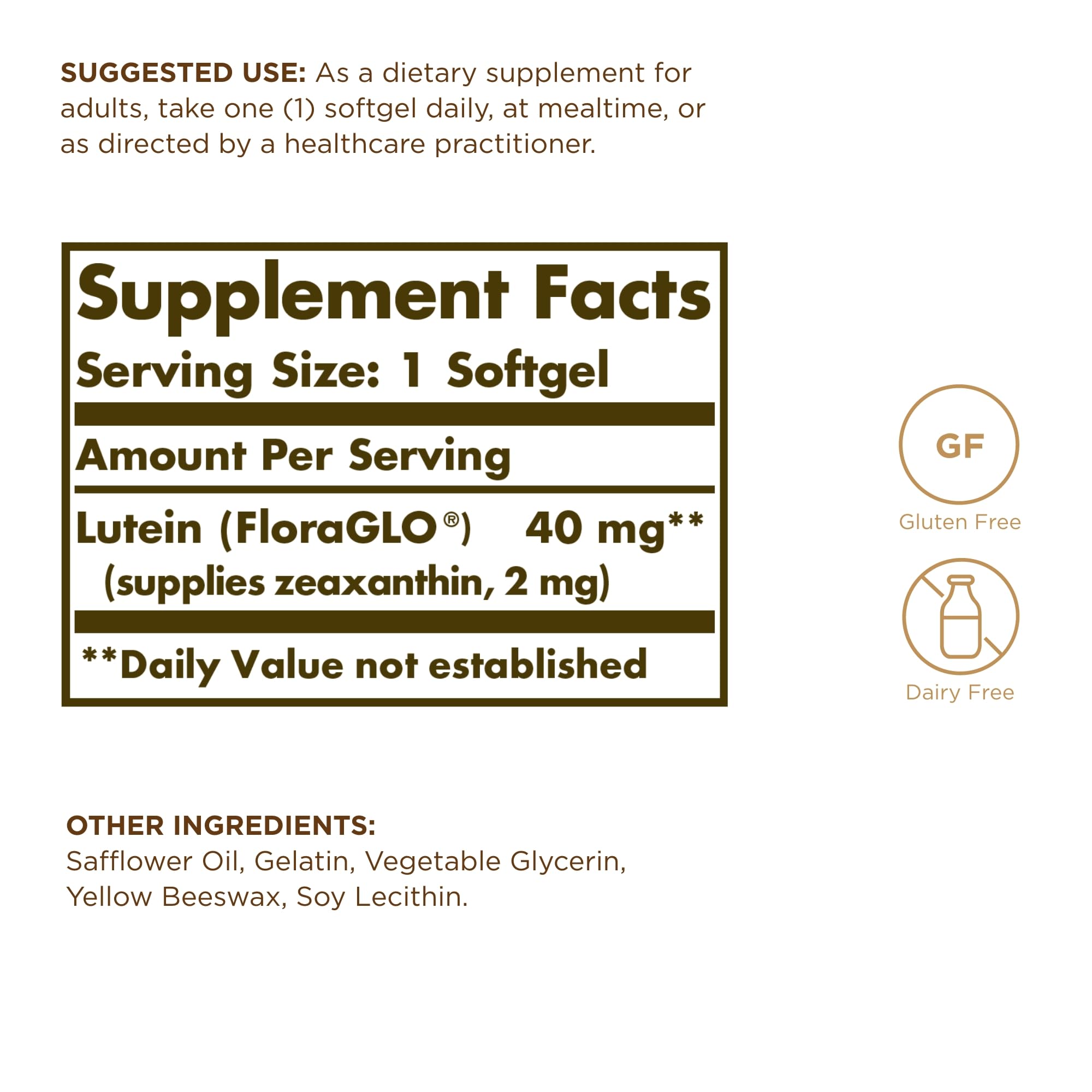 Solgar Lutein 40 mg, étiquette-produit, informations claires sur l’utilisation