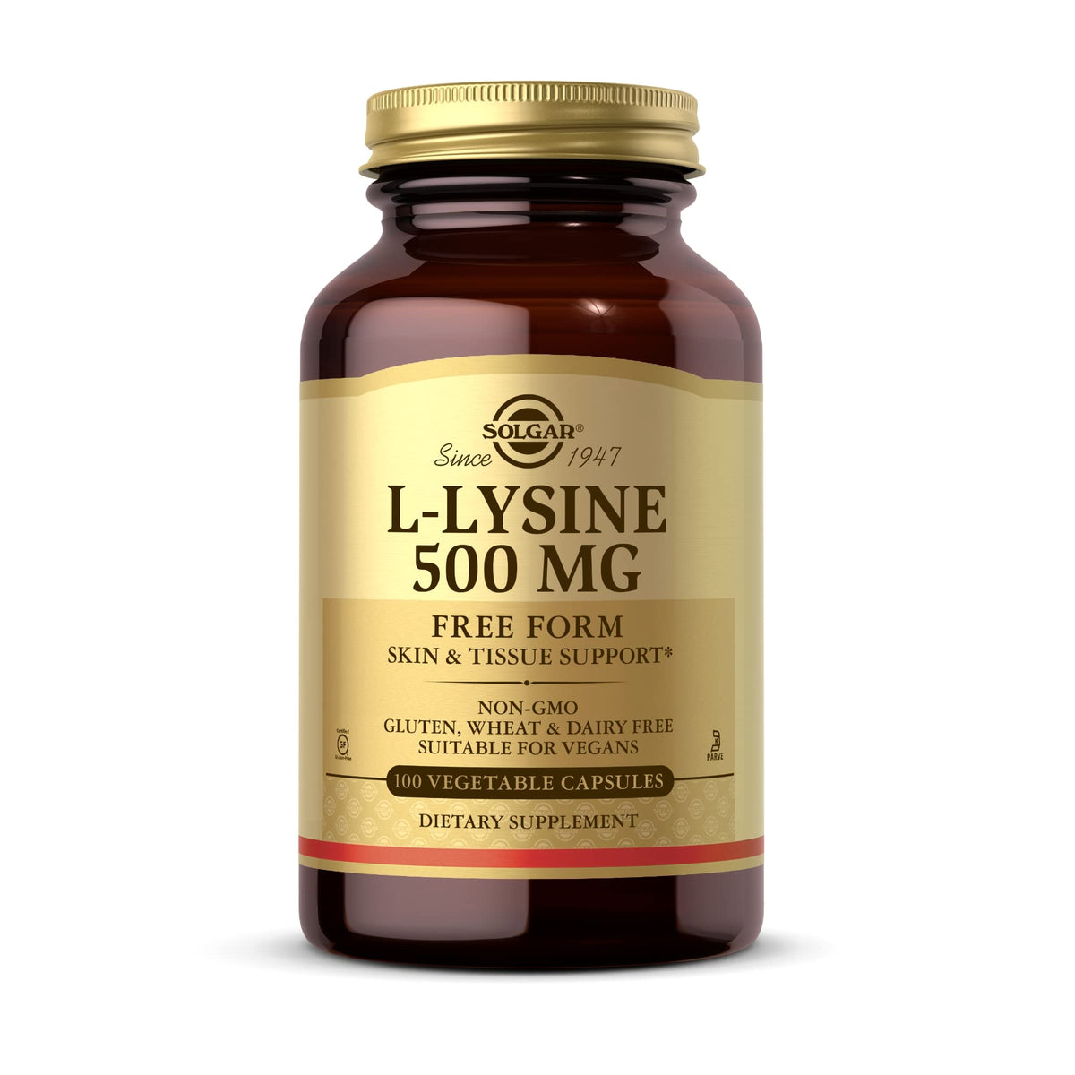 Solgar L-Lysine 500 mg, bouteille visible, soutien potentiel des tissus cutanés.