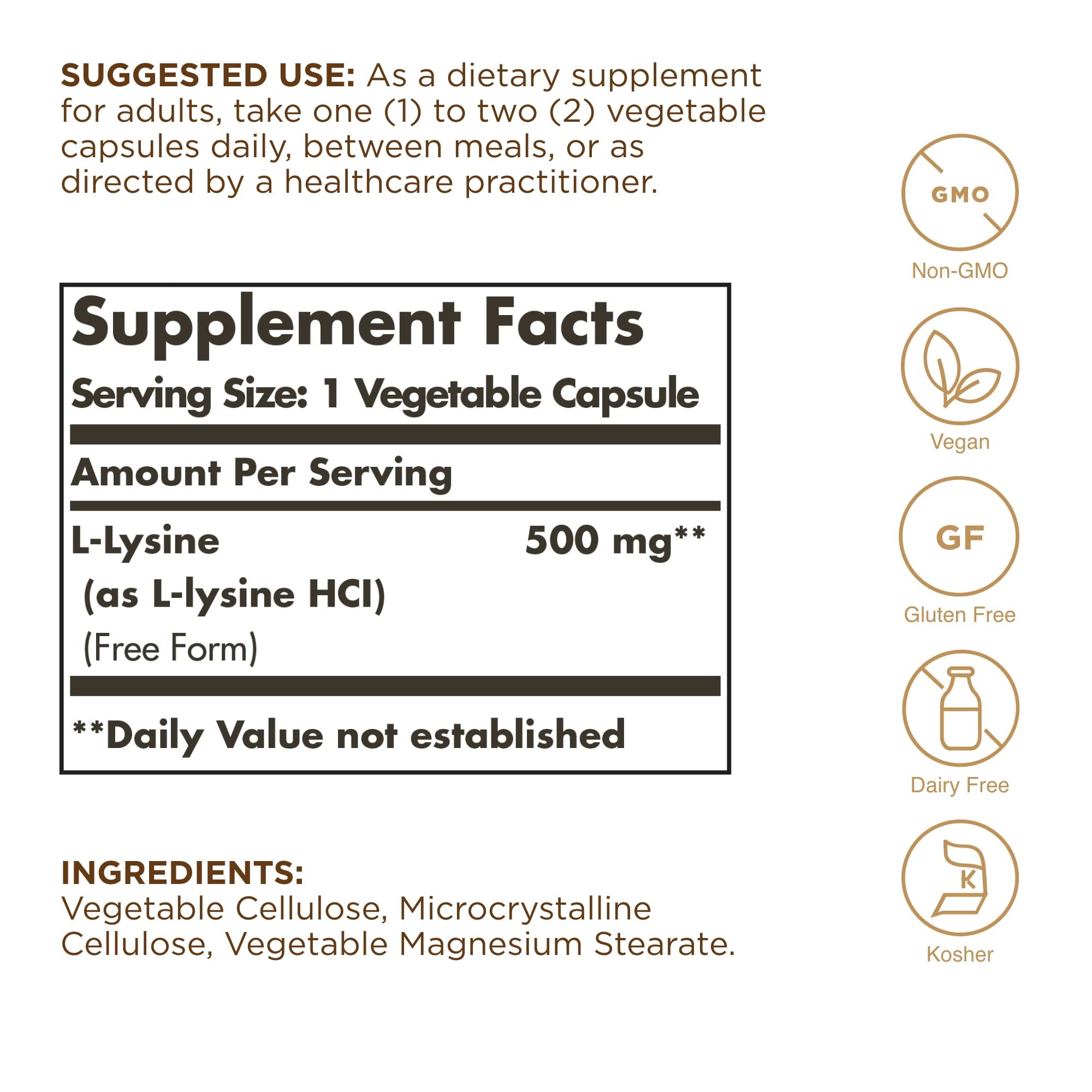 Gélules véganes Solgar L-Lysine faciles à avaler, apport en acide aminé essentiel.