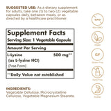 Gélules véganes Solgar L-Lysine faciles à avaler, apport en acide aminé essentiel.