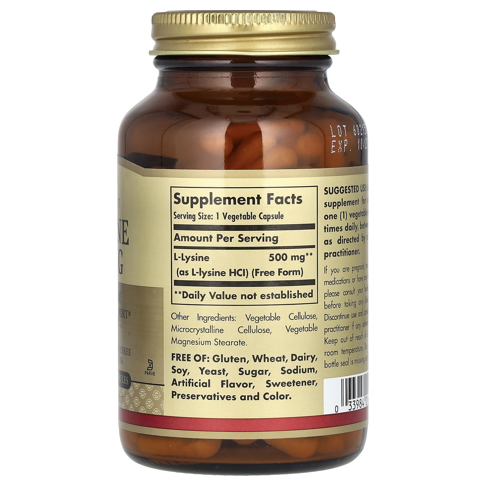 L-Lysine non OGM, gélules pratiques pour complément vegan Solgar.