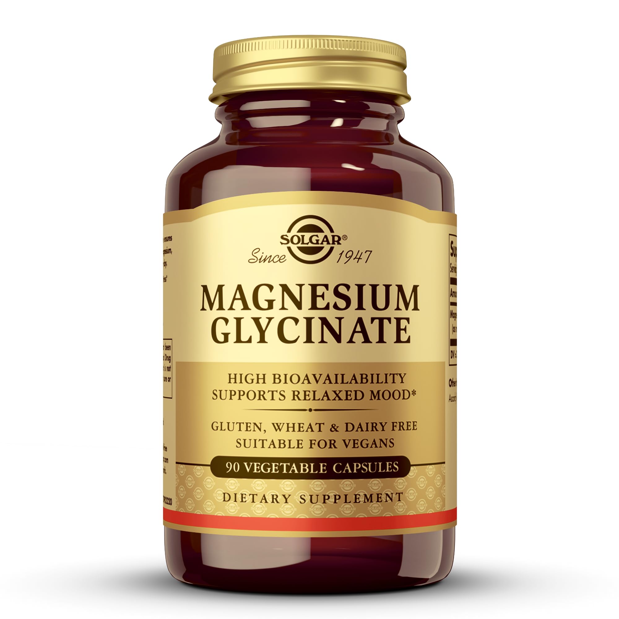 Solgar Magnésium Glycinate en bouteille, soutien potentiel à l'énergie et au bien-être quotidien.