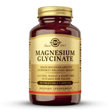 Solgar Magnésium Glycinate en bouteille, soutien potentiel à l'énergie et au bien-être quotidien.