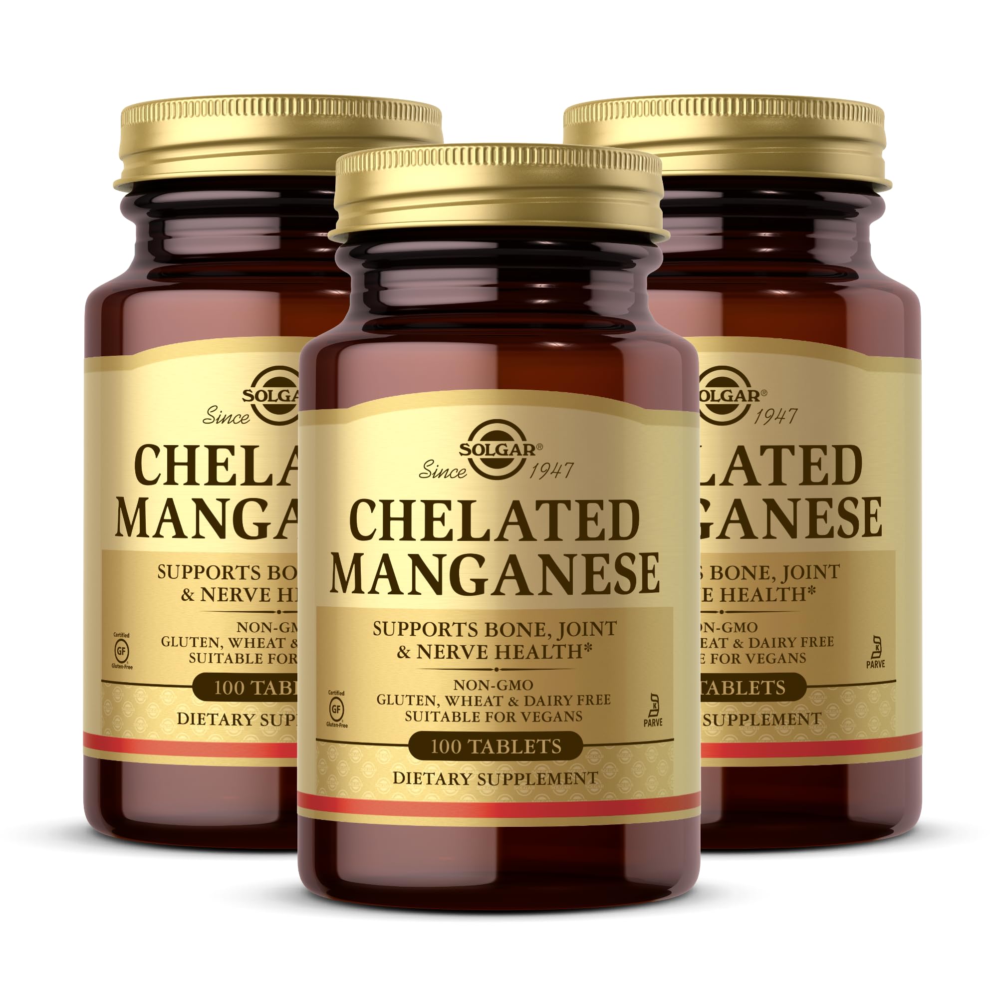 Solgar Manganèse Chelaté – vue boite 3-pack, soutien potentiel des articulations et des os.