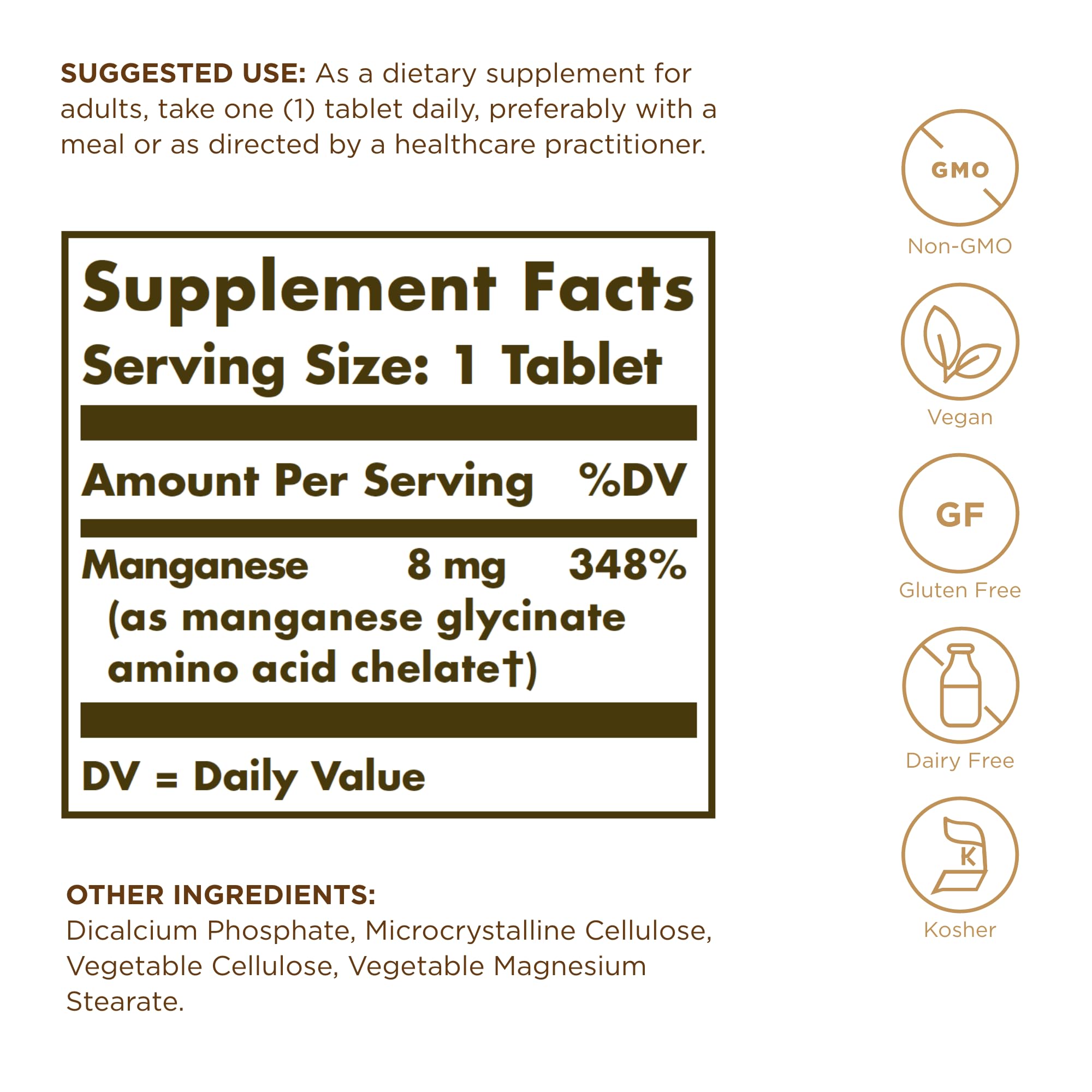 Solgar Manganèse chélaté tablettes vues, soutien nutritionnel quotidien en formule chélatée.