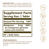 Solgar Manganèse chélaté tablettes vues, soutien nutritionnel quotidien en formule chélatée.