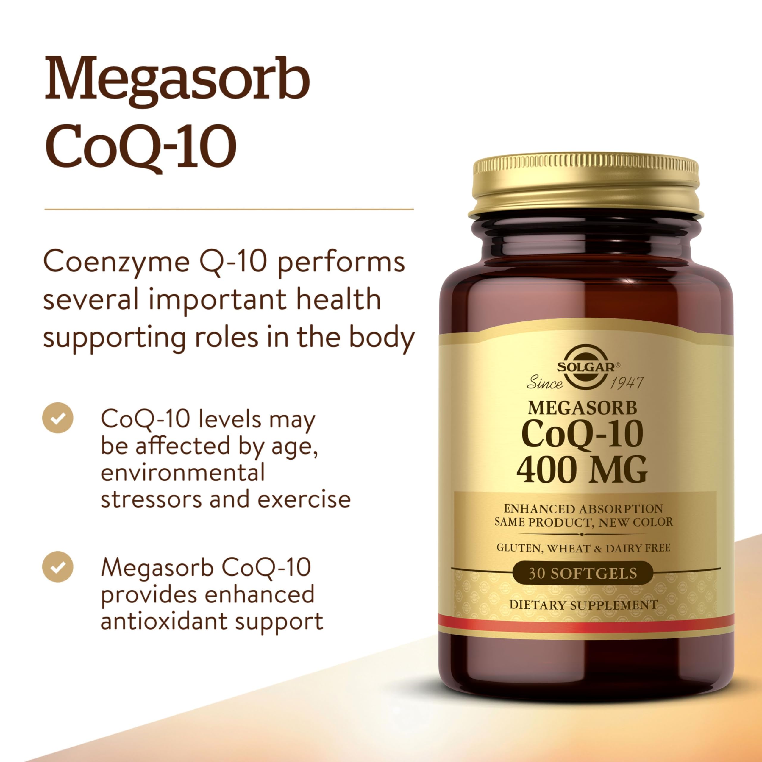 Solgar Megasorb CoQ-10: etiquette lisible et information sur l'absorption.