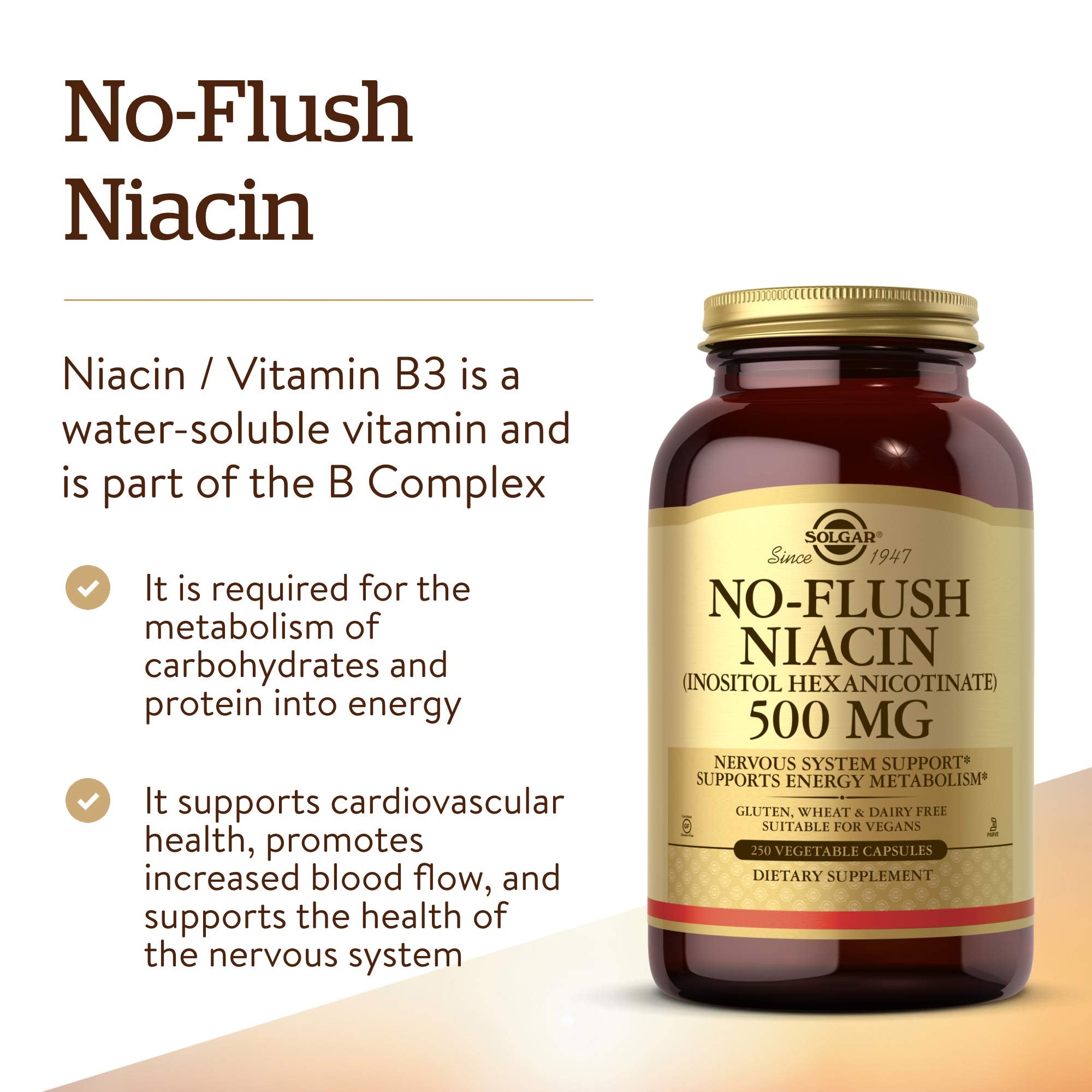Capsules végétales Solgar Niacine sans flush, option vegan pratique.