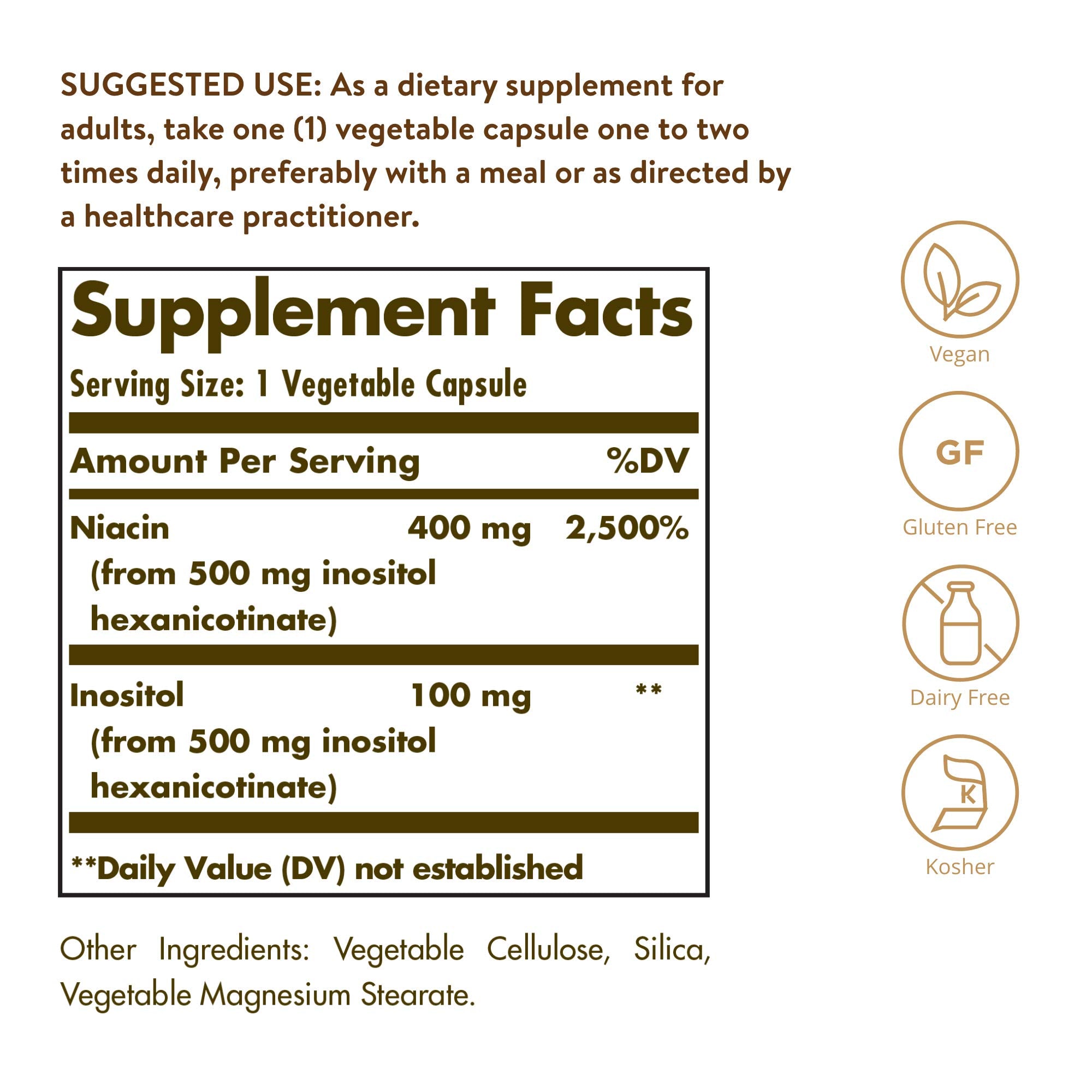 Etiquette Solgar No-Flush Niacin indiquant la dose par prise.