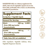 Etiquette Solgar No-Flush Niacin indiquant la dose par prise.