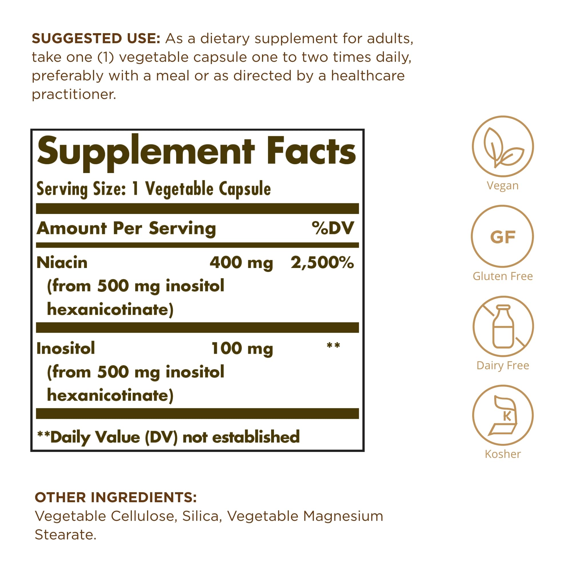 Solgar Niacine 500 mg — étiquette claire facilitant la vérification des informations.